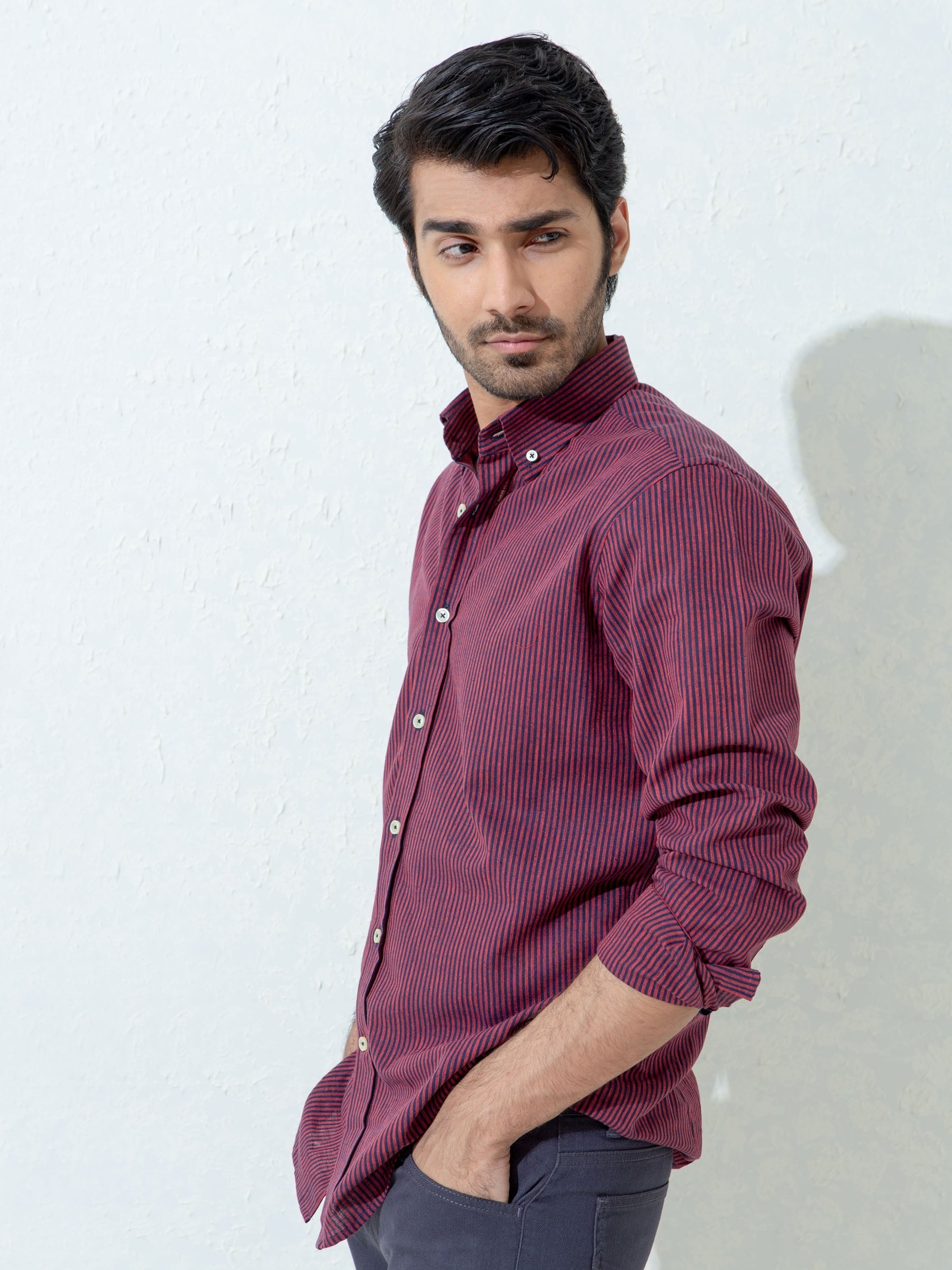 Maroon & Navy Striped Linen Shirt