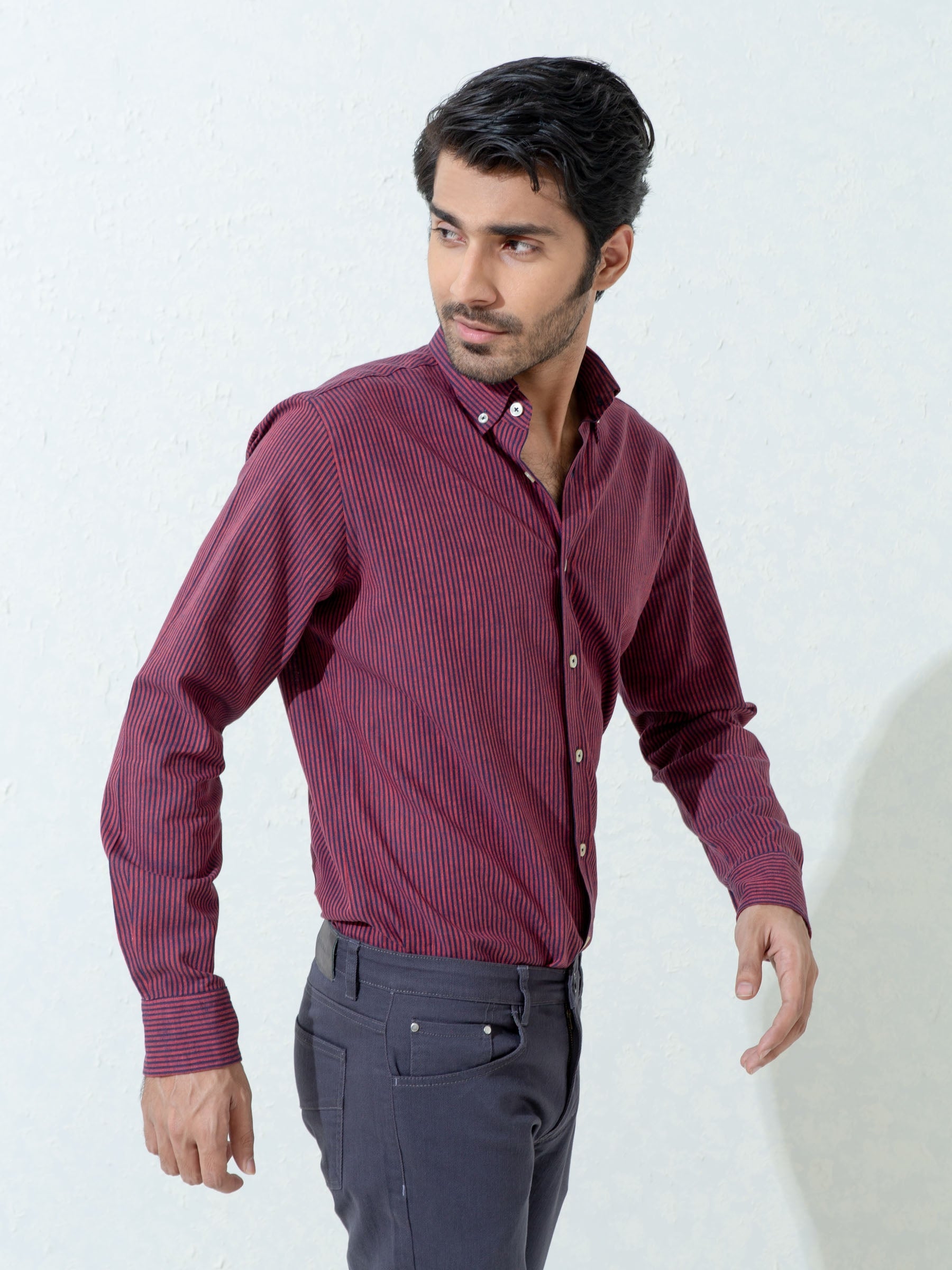 Maroon & Navy Striped Linen Shirt