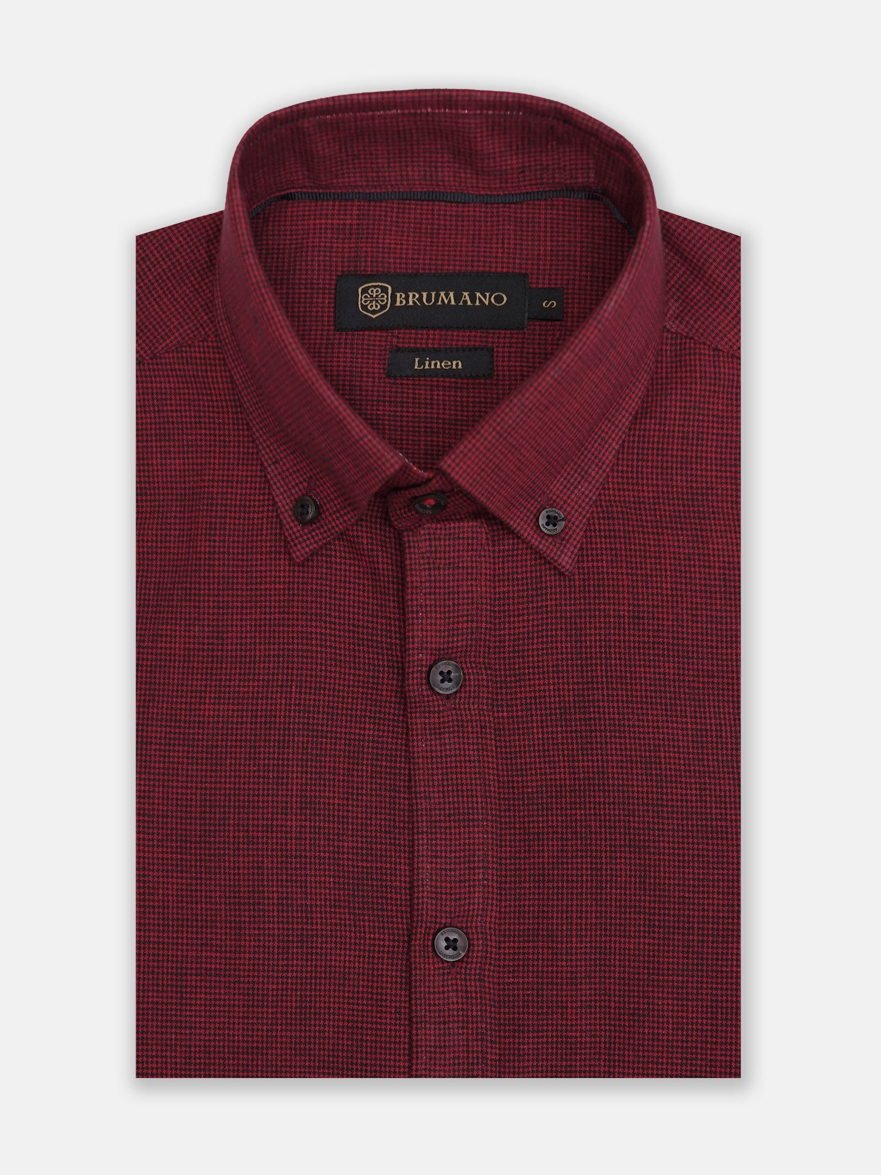 Maroon Linen Blended Houndstooth Patterned Shirt