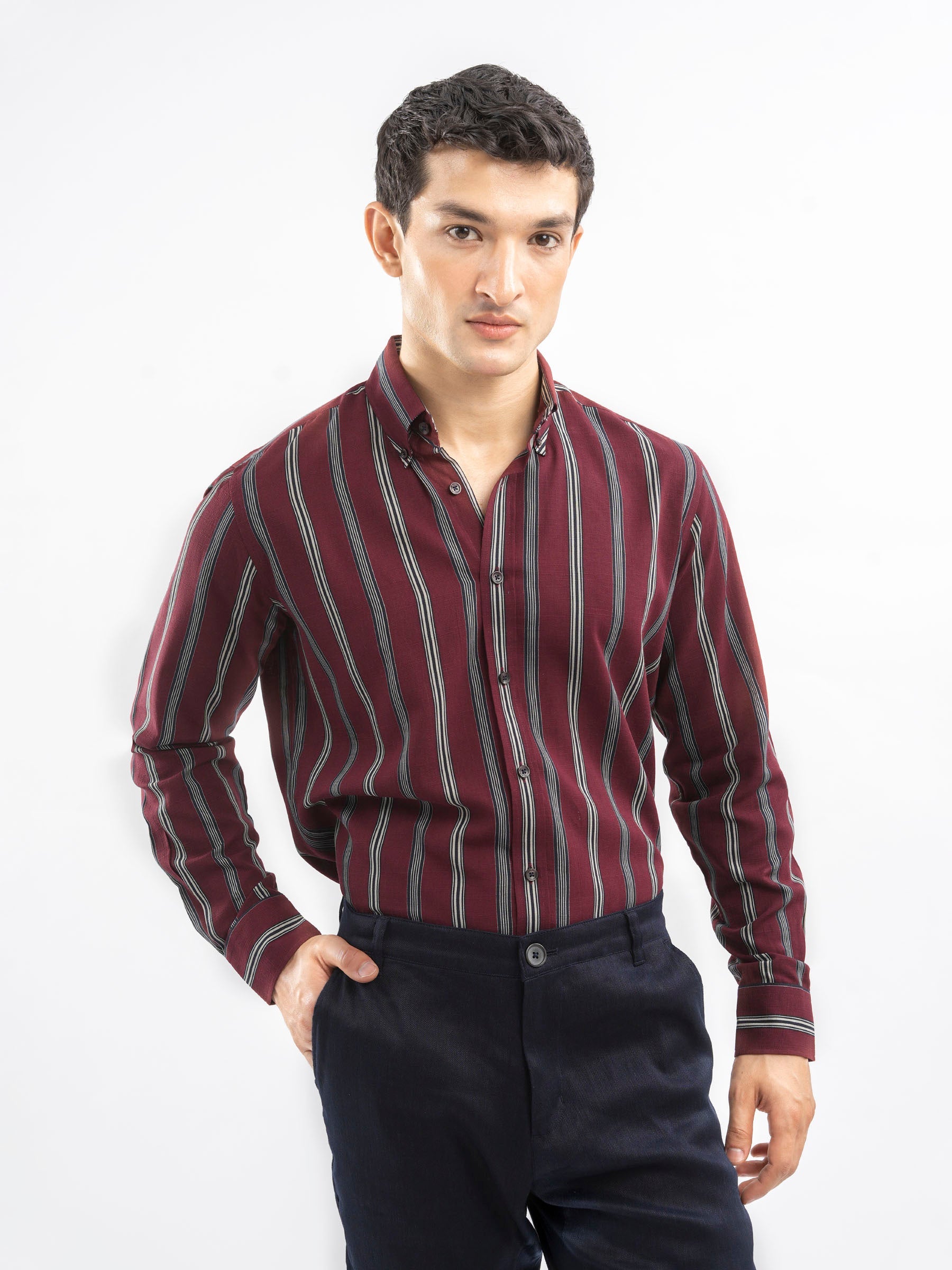 Maroon Bold Striped Button Down Shirt