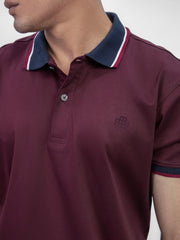 Maroon Interlock Polo With Contrasting Navy Collar