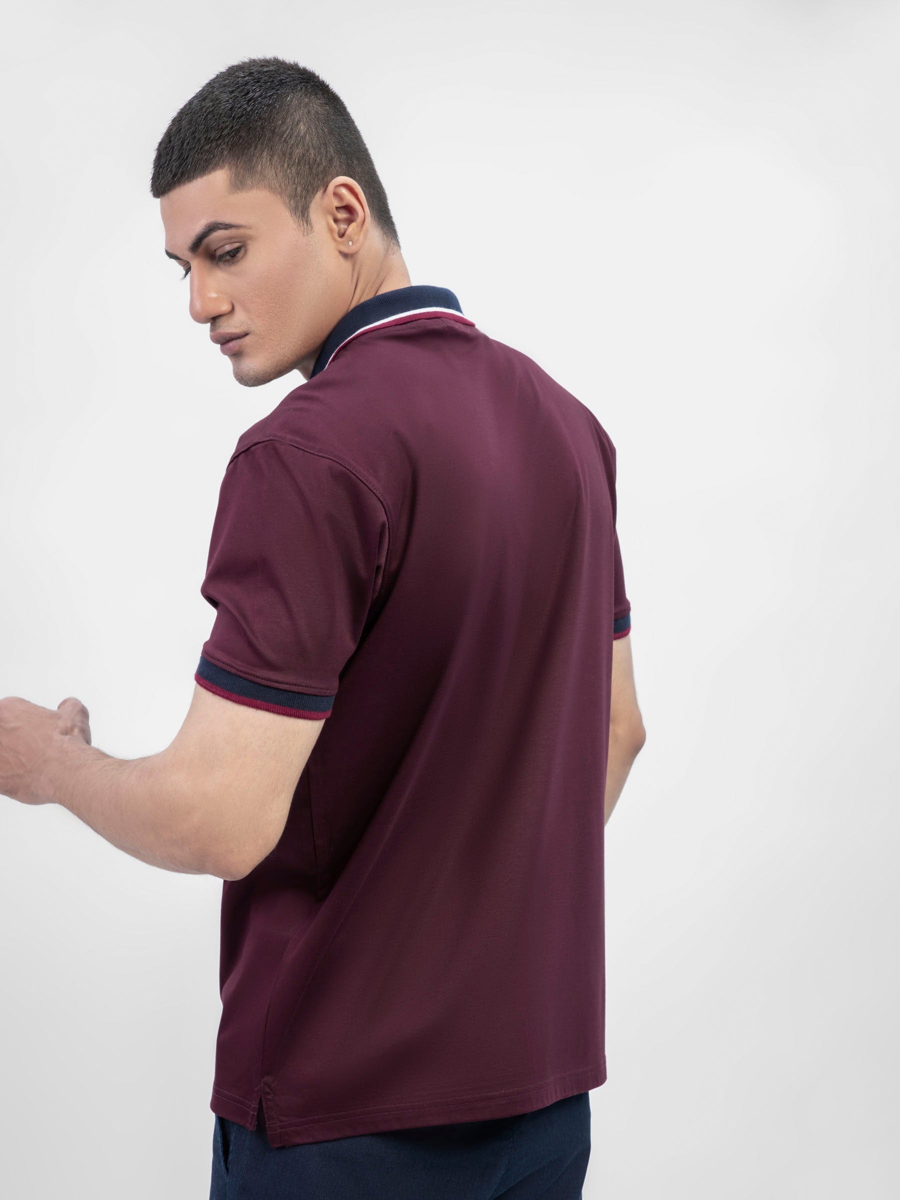 Maroon Interlock Polo With Contrasting Navy Collar