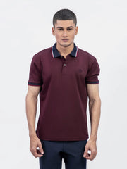 Maroon Interlock Polo With Contrasting Navy Collar
