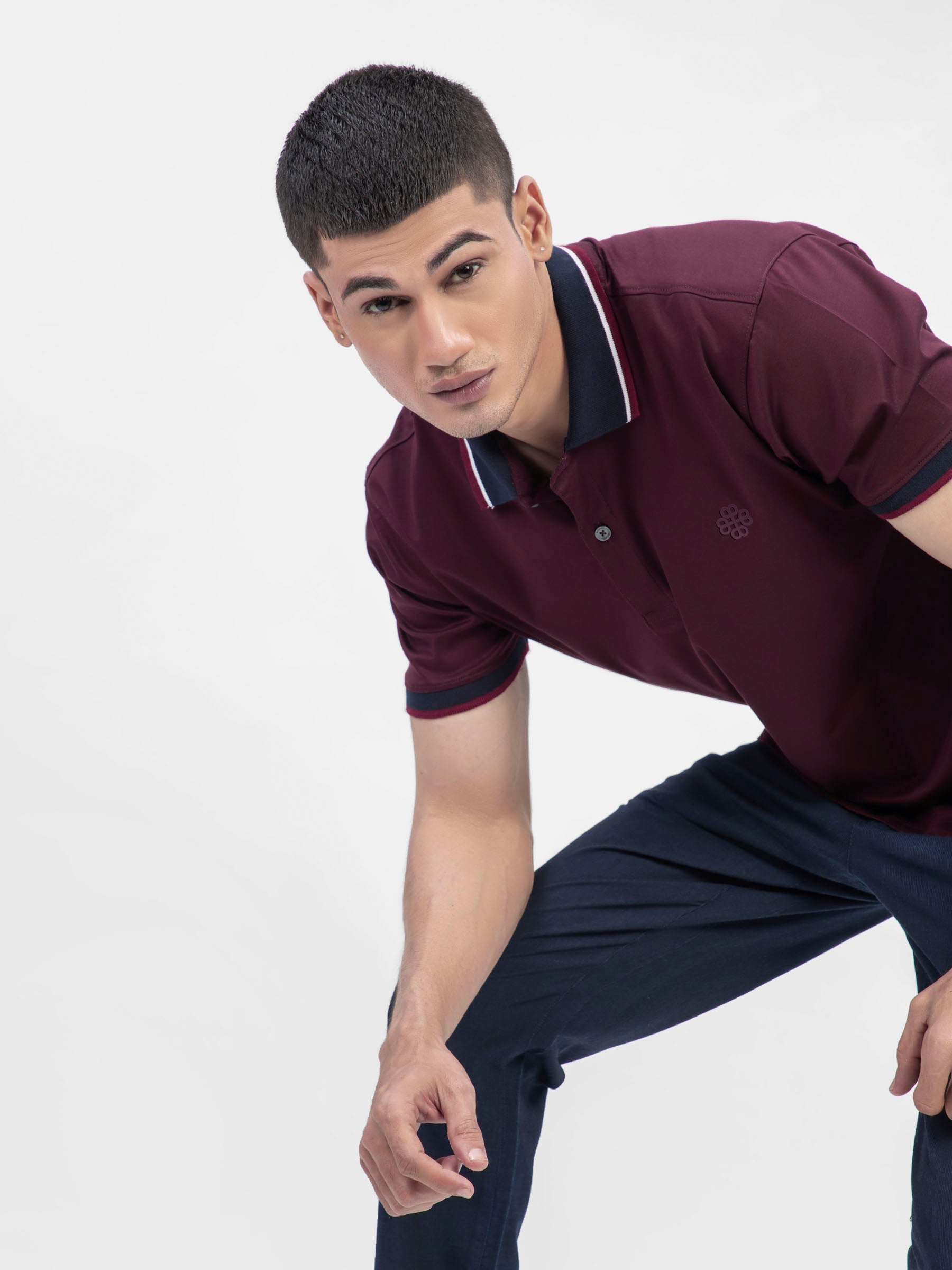 Maroon Interlock Polo With Contrasting Navy Collar