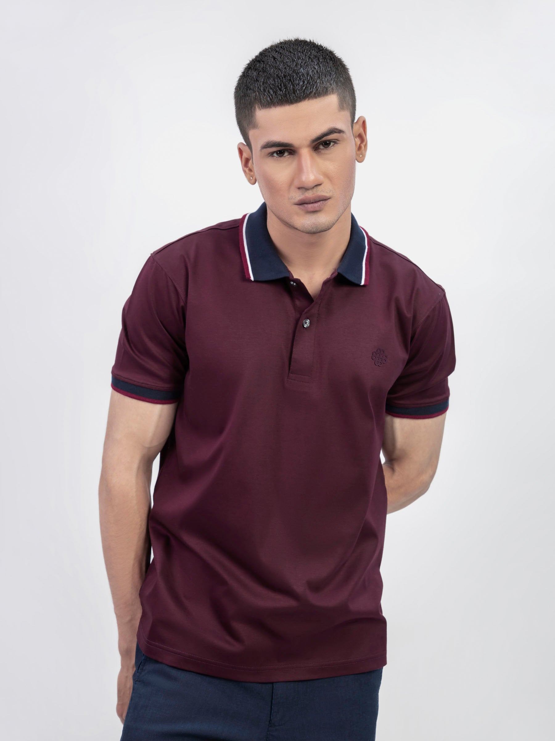 Maroon Interlock Polo With Contrasting Navy Collar