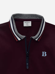 Maroon Interlock Zipper Polo With Contrasting Collar