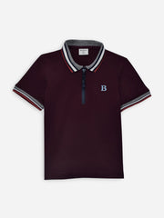 Maroon Interlock Zipper Polo With Contrasting Collar
