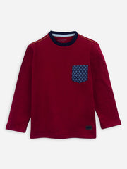 Maroon Long Sleeve Casual T-Shirt With Pocket