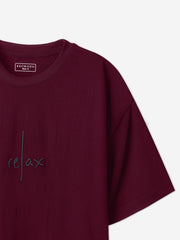 Maroon Oversized T-Shirt With Minimalist 'Relax' Embroidery