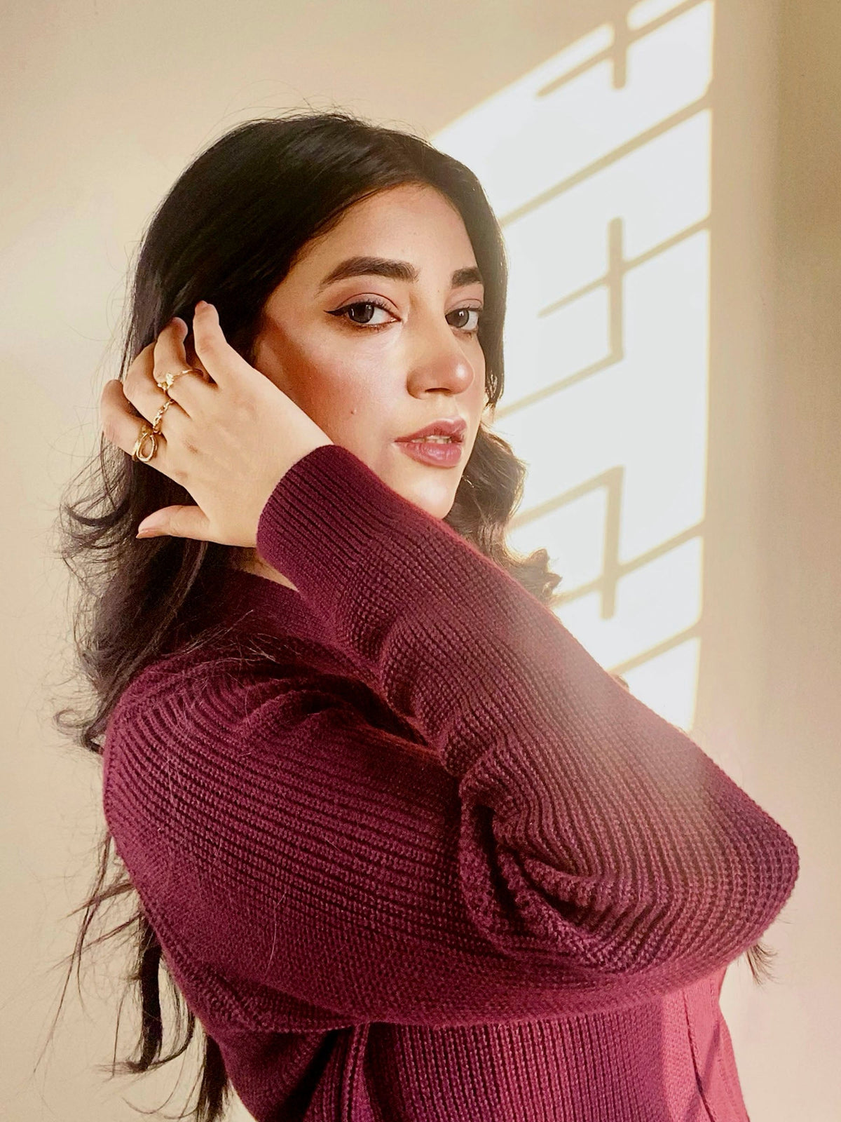 Maroon Ribbed V-Neck Cardigan - Women