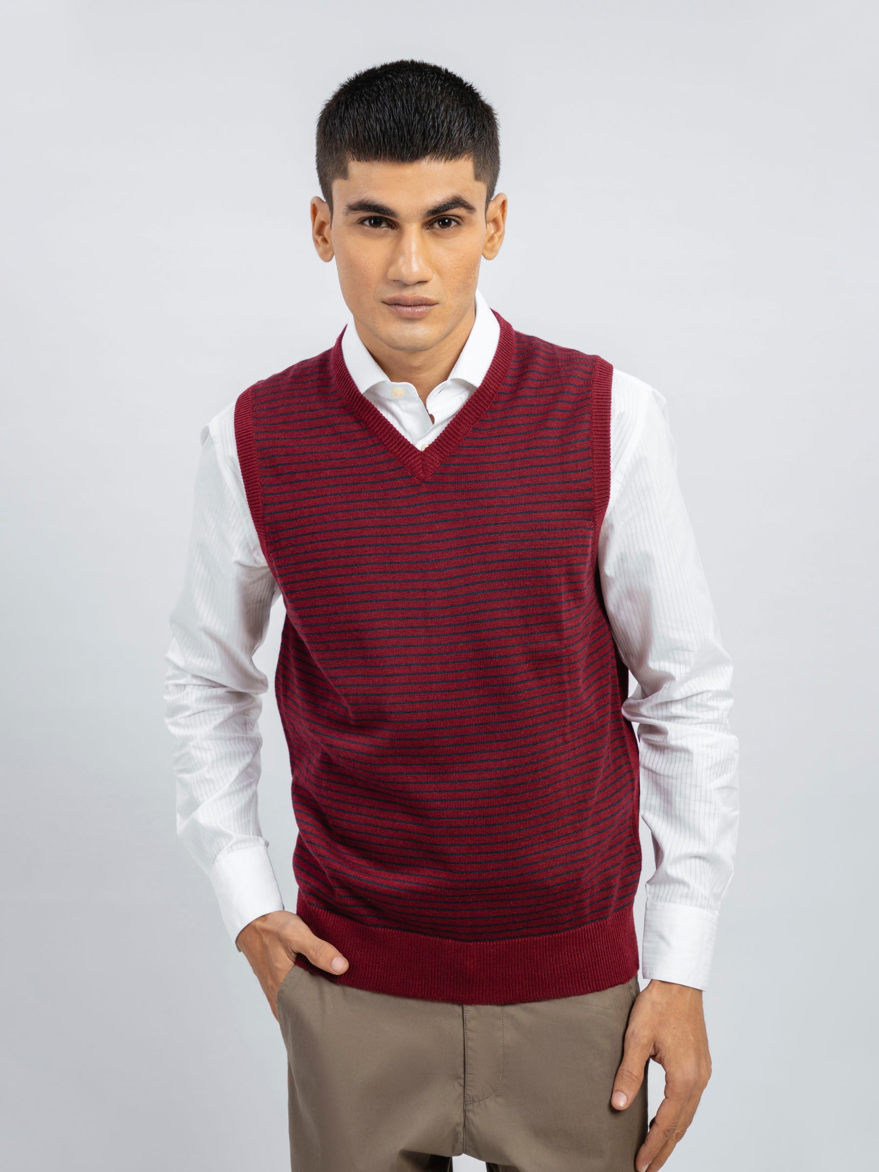 Maroon Striped Wool Blended Sleeveless Sweater