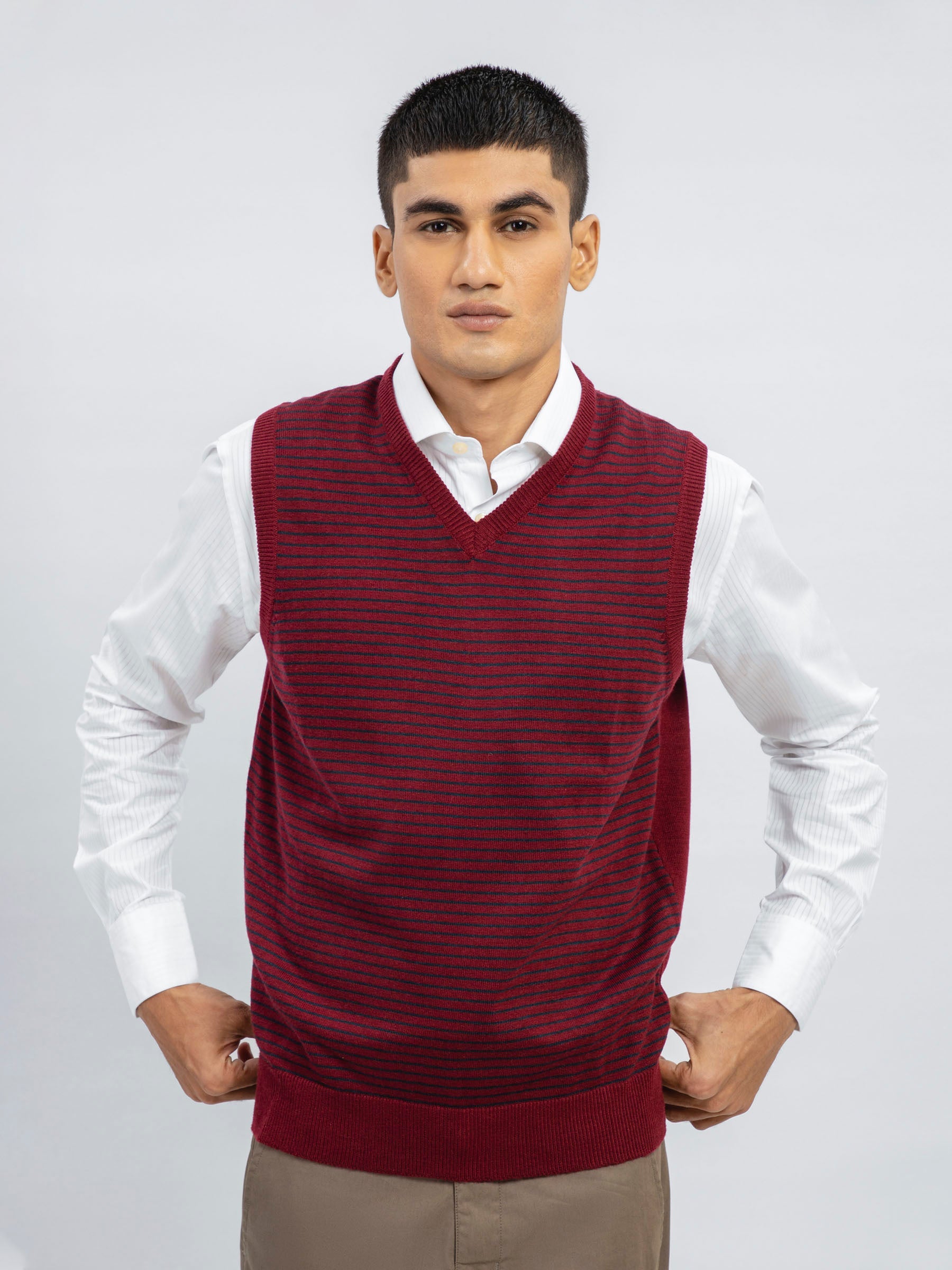 Maroon Striped Wool Blended Sleeveless Sweater
