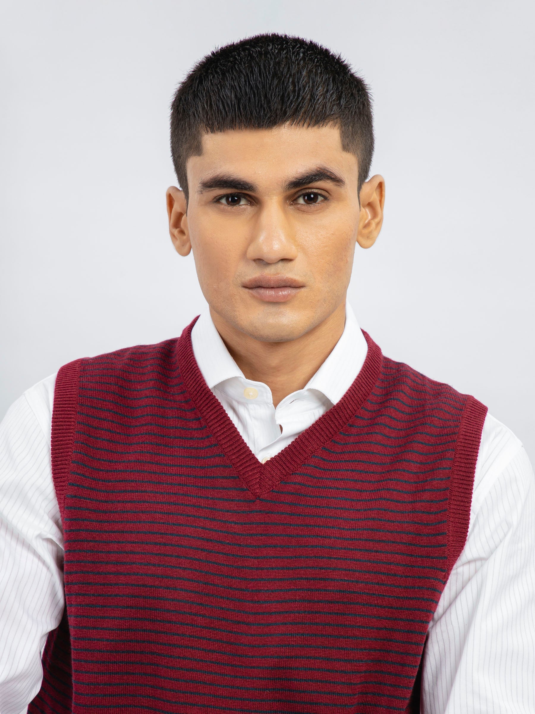 Maroon Striped Wool Blended Sleeveless Sweater