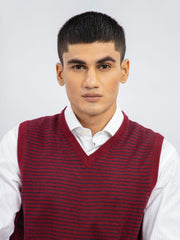 Maroon Striped Wool Blended Sleeveless Sweater
