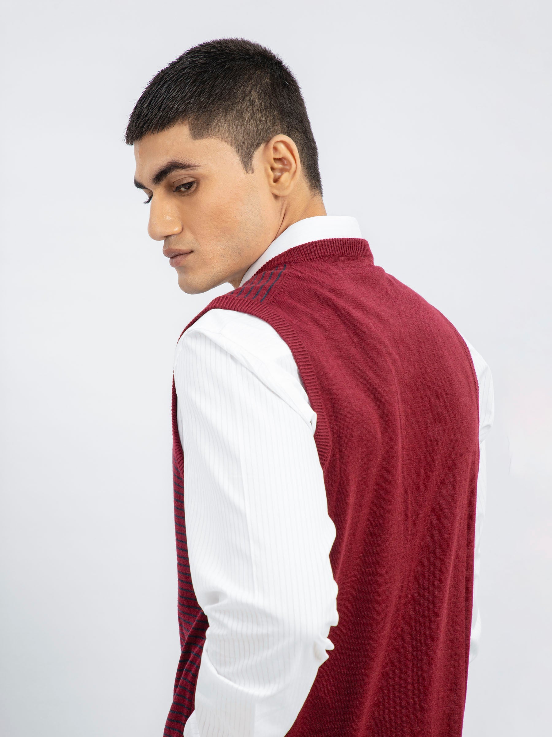 Maroon Striped Wool Blended Sleeveless Sweater