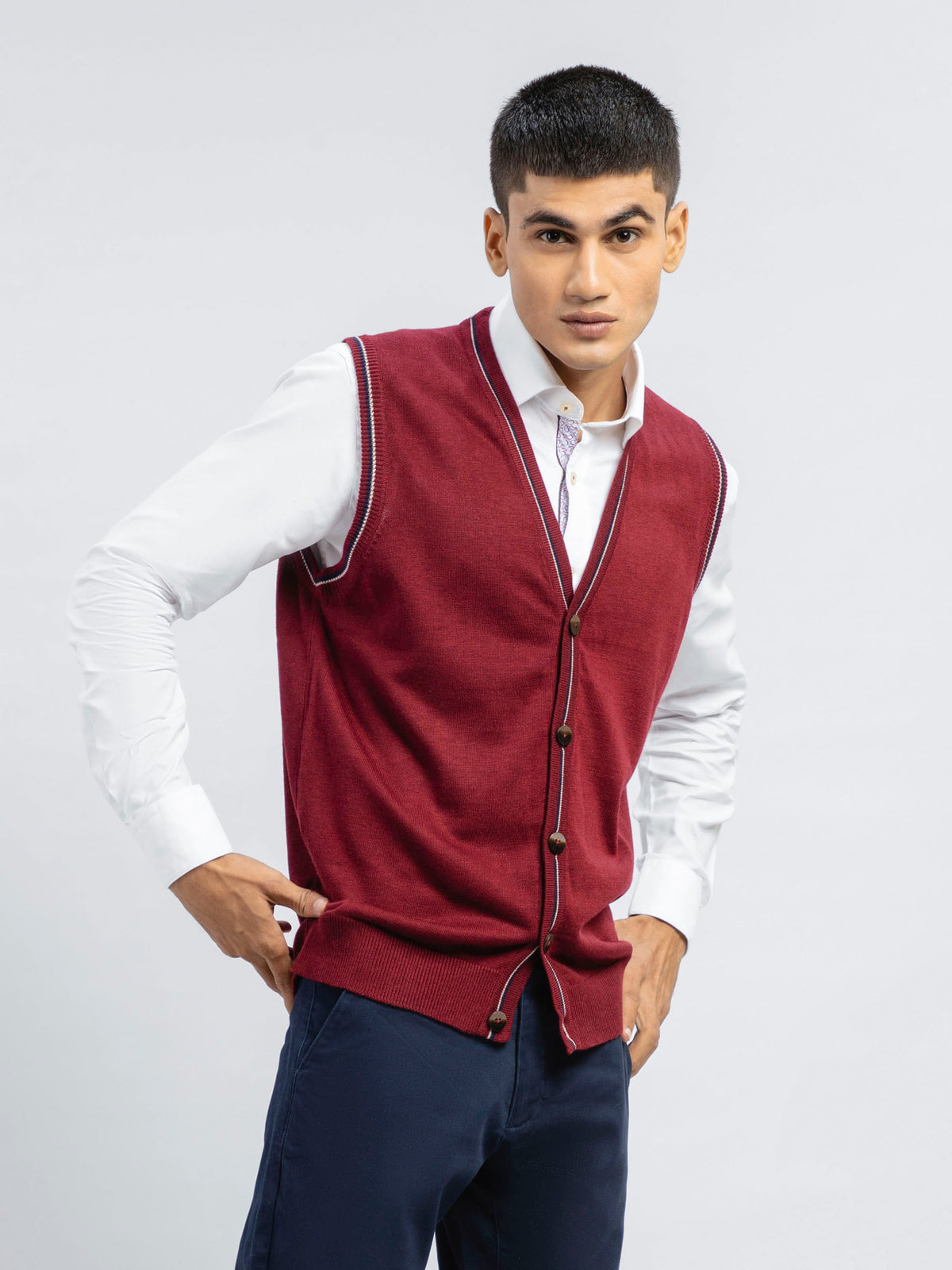 Maroon Wool Blended Sleeveless Cardigan