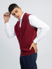 Maroon Wool Blended Sleeveless Cardigan