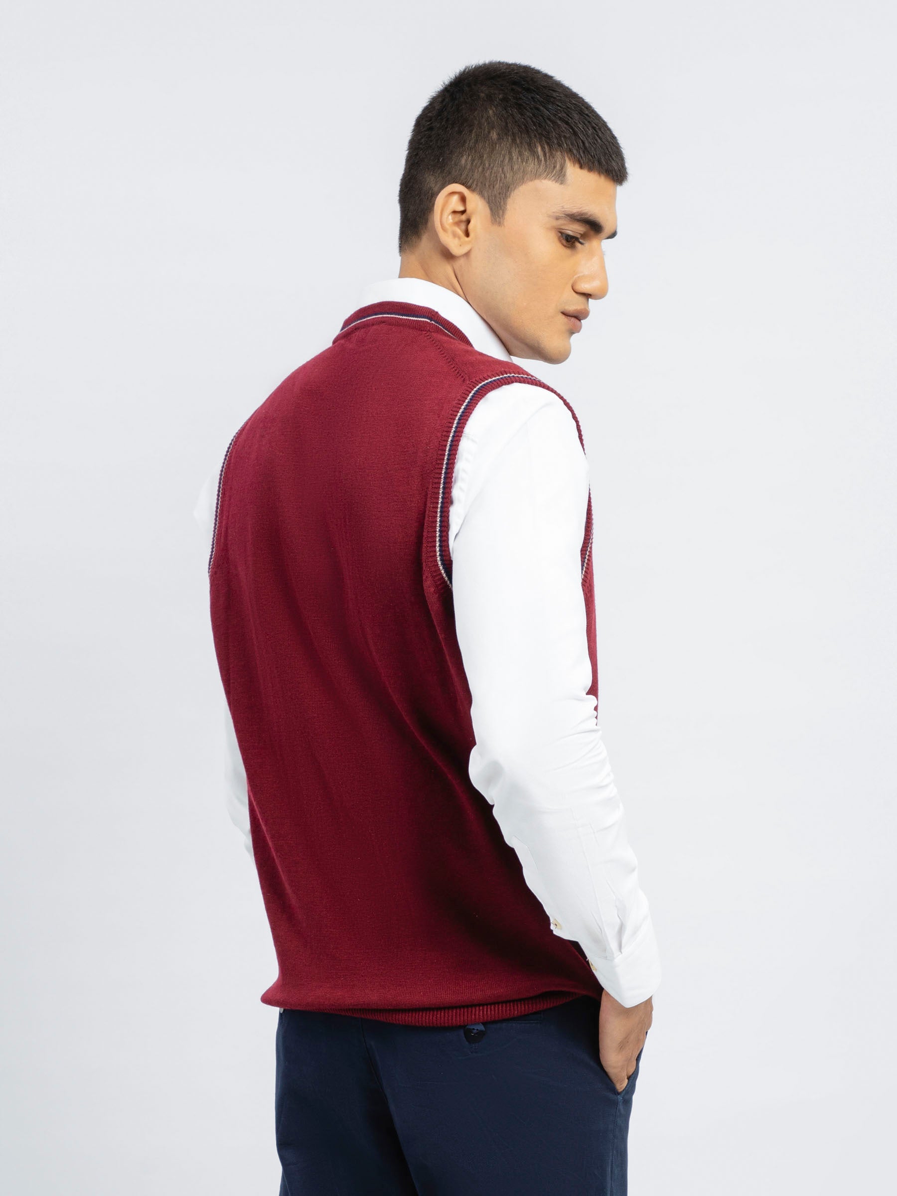 Maroon Wool Blended Sleeveless Cardigan