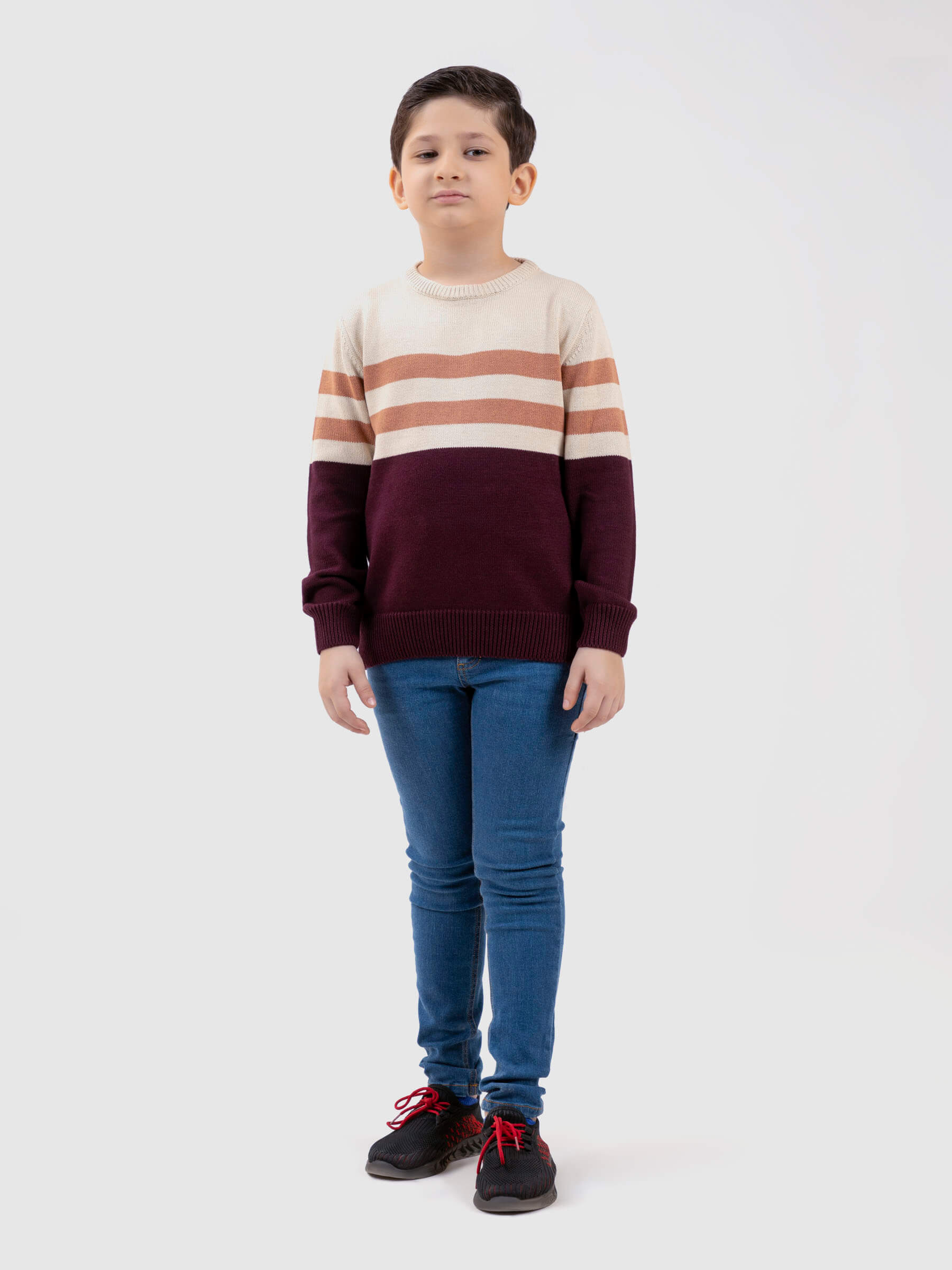 Maroon & Beige Striped Crew Neck Casual Jumper