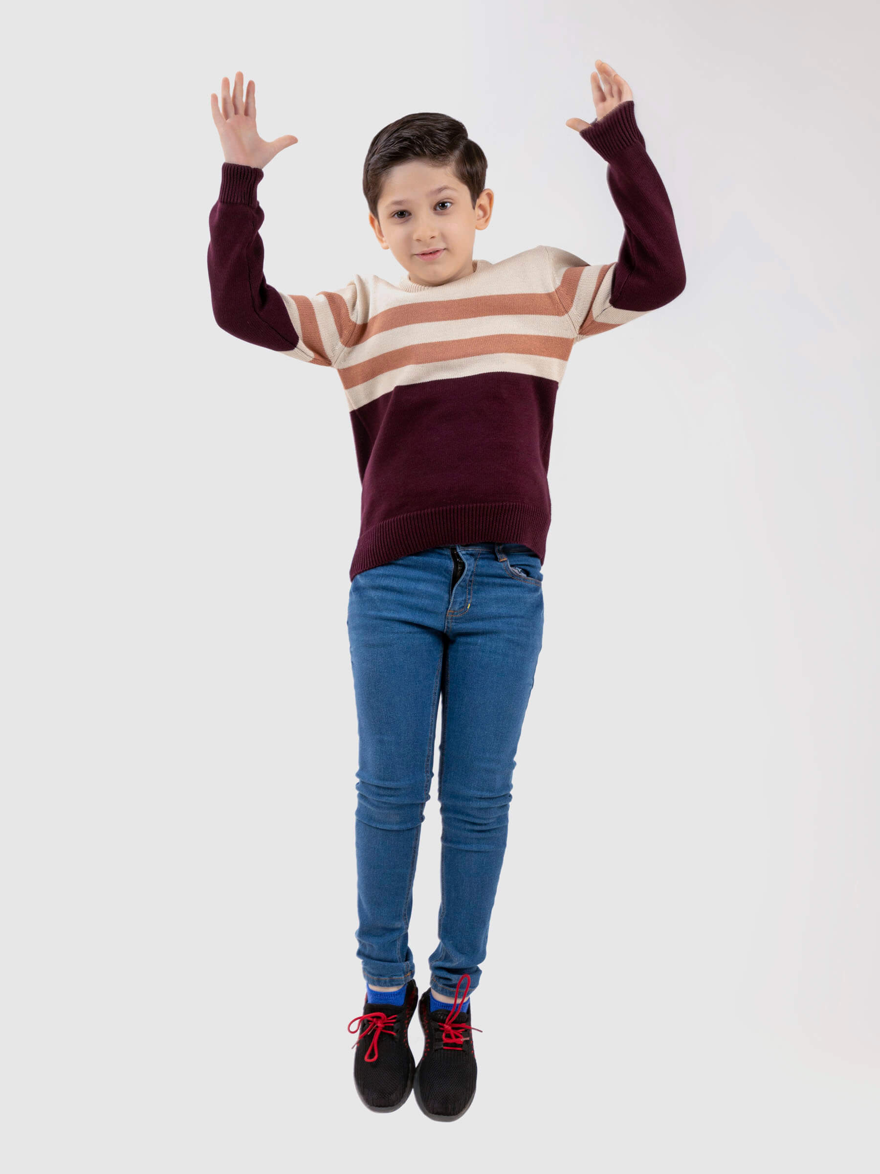 Maroon & Beige Striped Crew Neck Casual Jumper