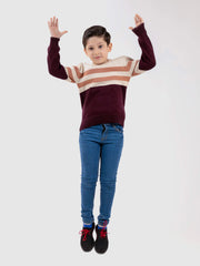 Maroon & Beige Striped Crew Neck Casual Jumper
