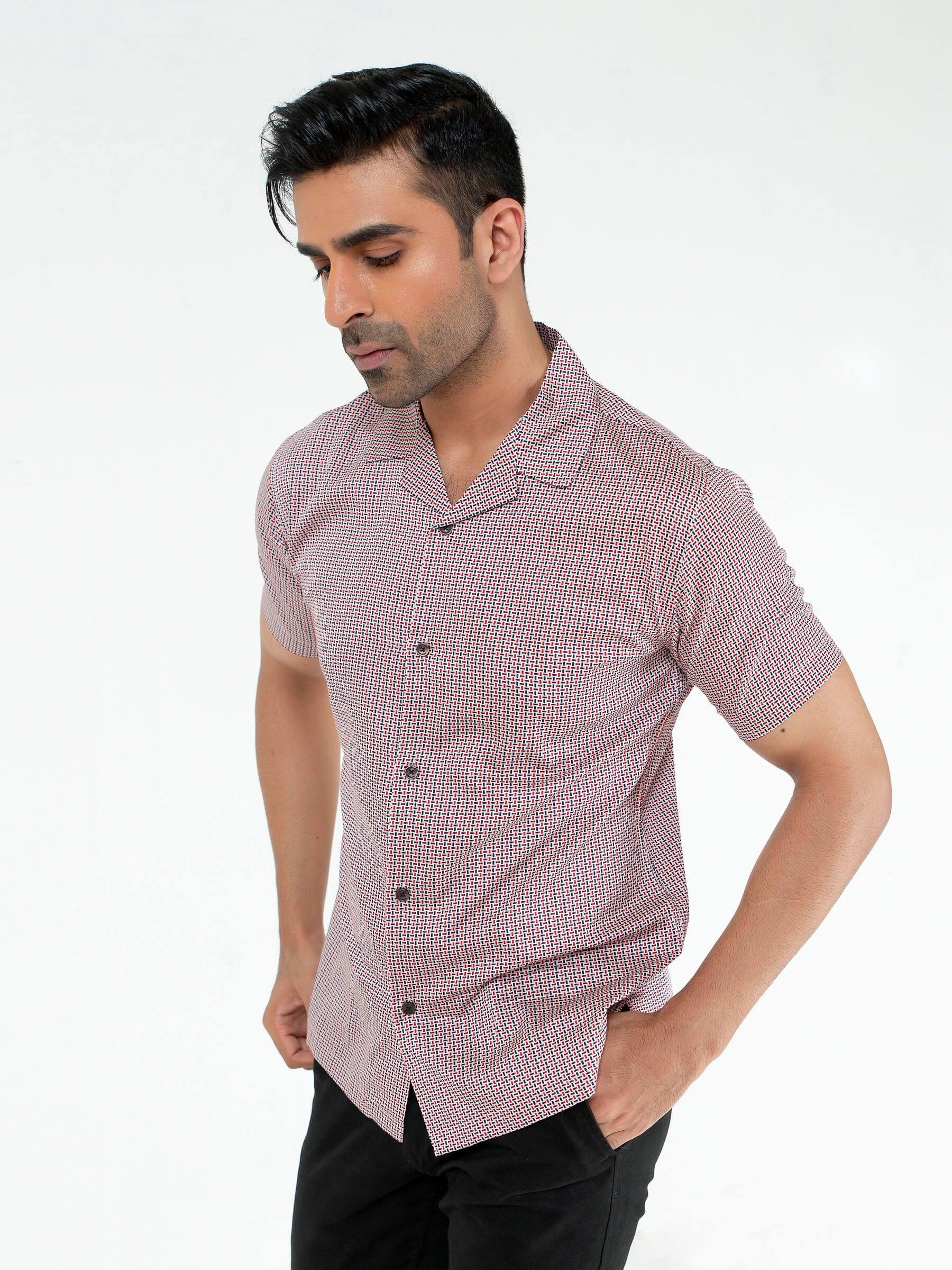Maroon & Black Geo Printed Half Sleeve Cuban Collar Shirt