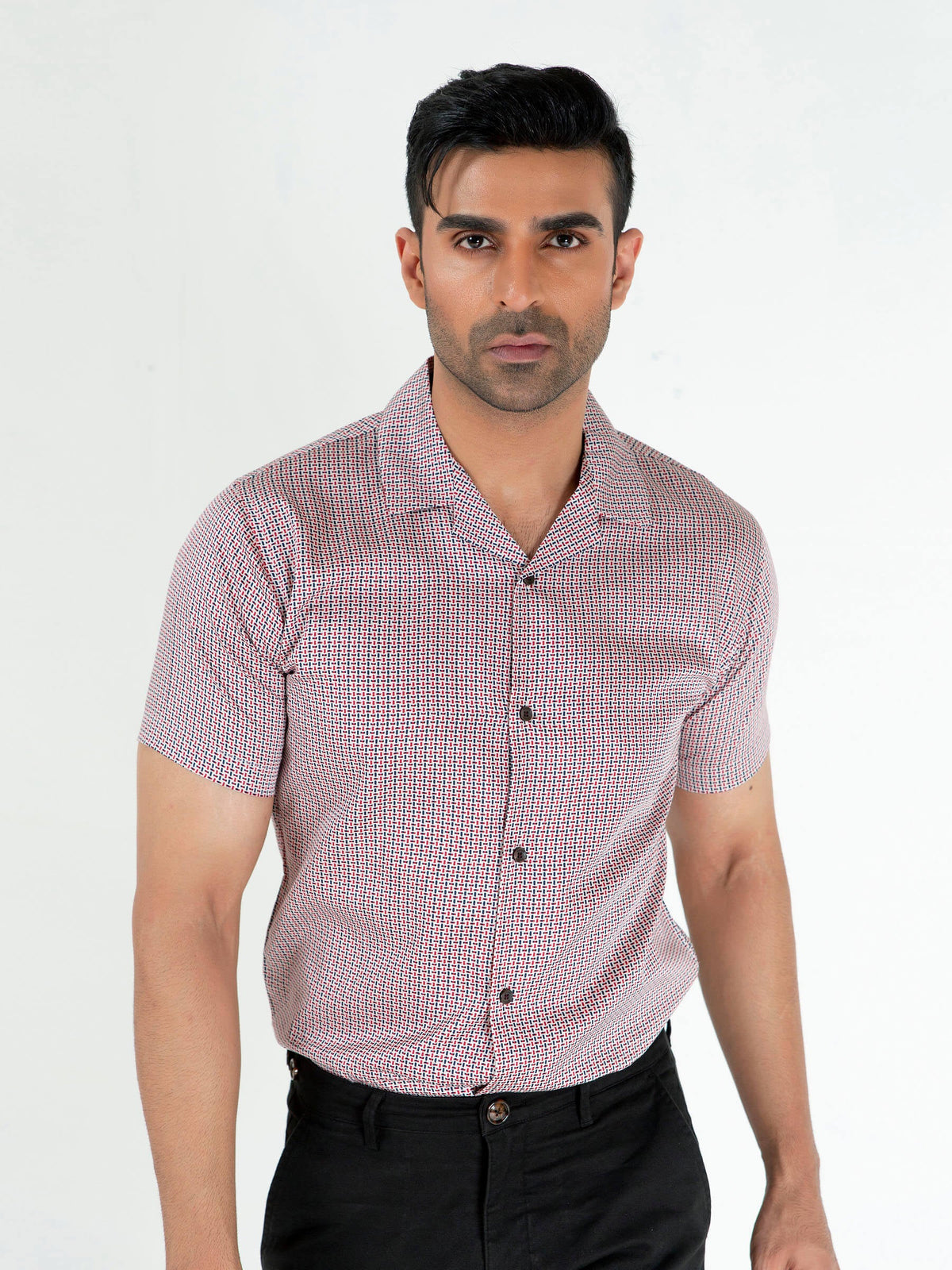 Maroon & Black Geo Printed Half Sleeve Cuban Collar Shirt