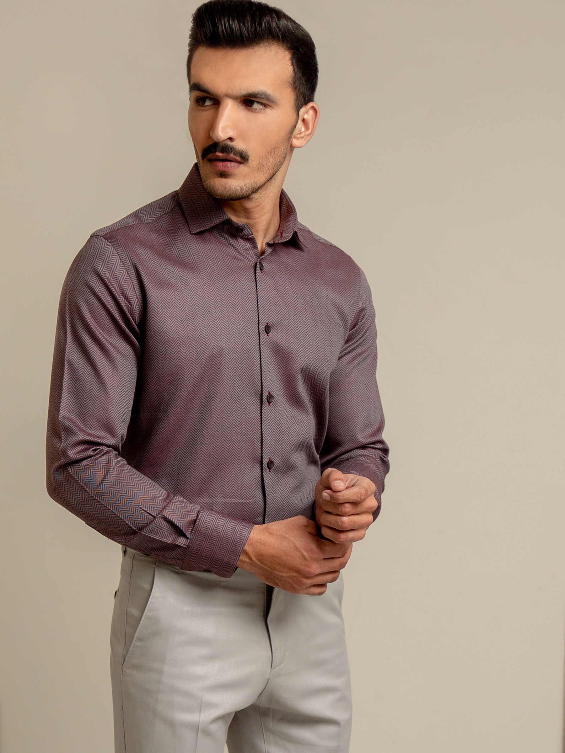 Maroon & Grey Herringbone Formal Shirt