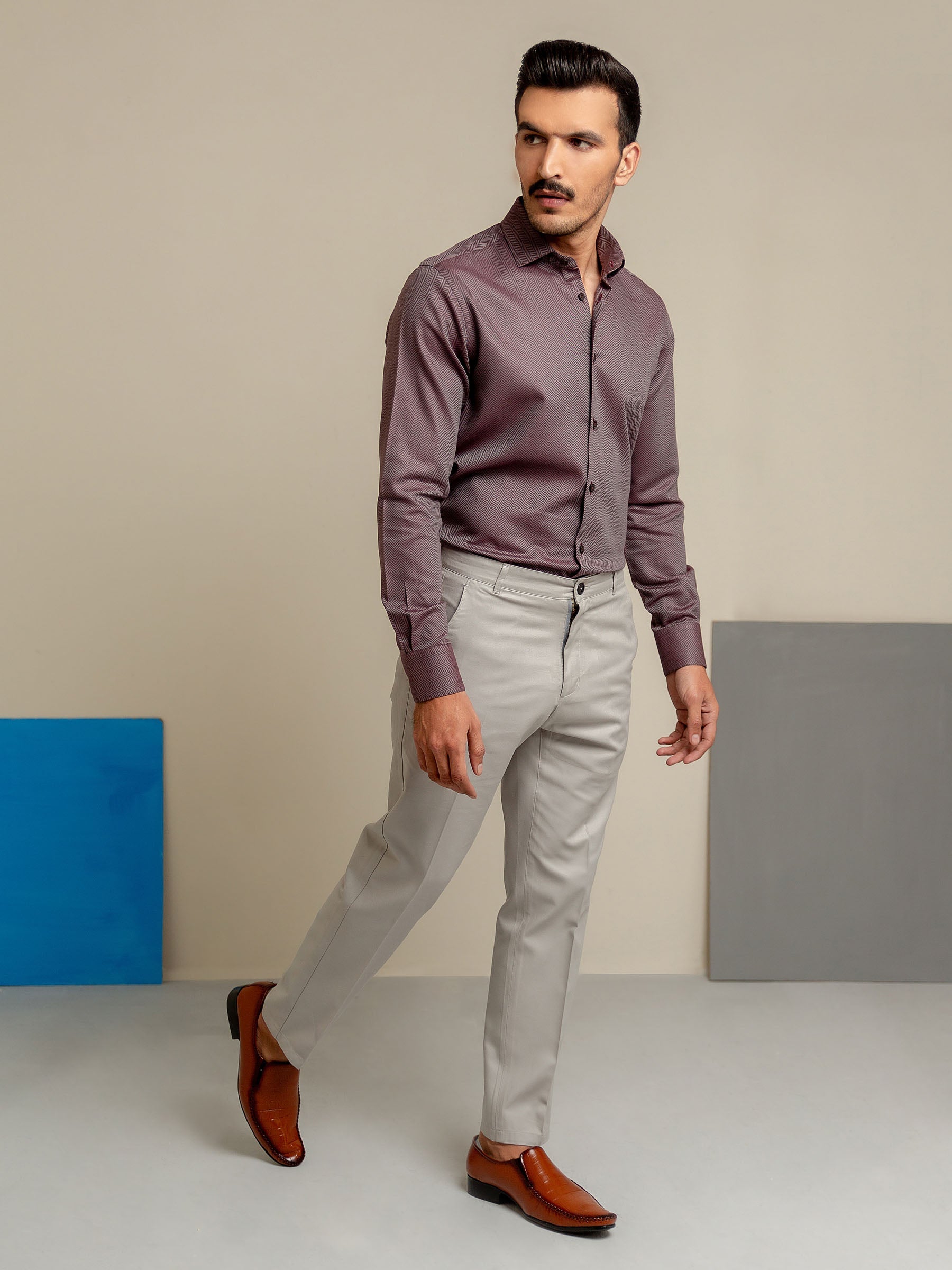 Maroon & Grey Herringbone Formal Shirt