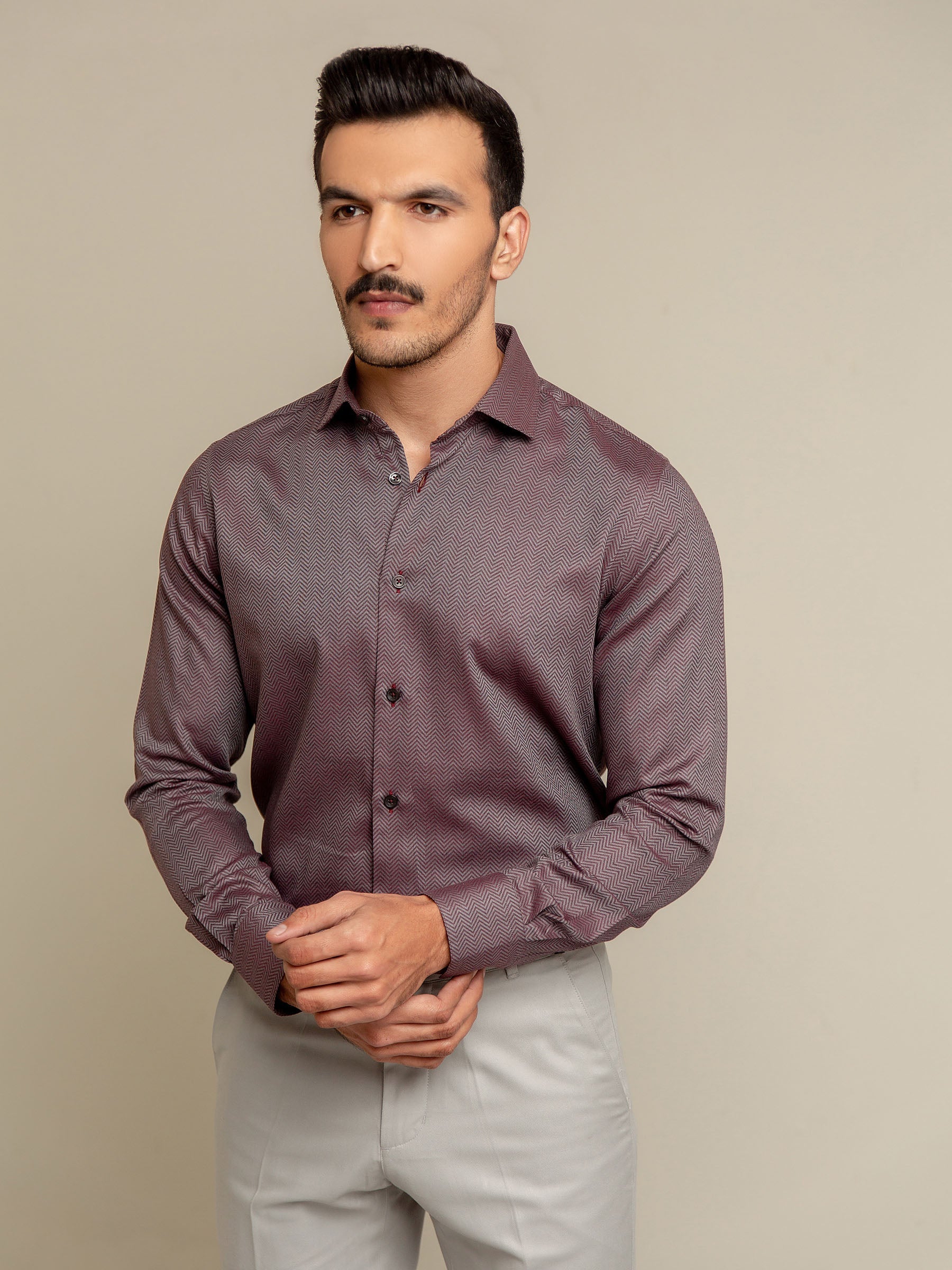 Maroon & Grey Herringbone Formal Shirt