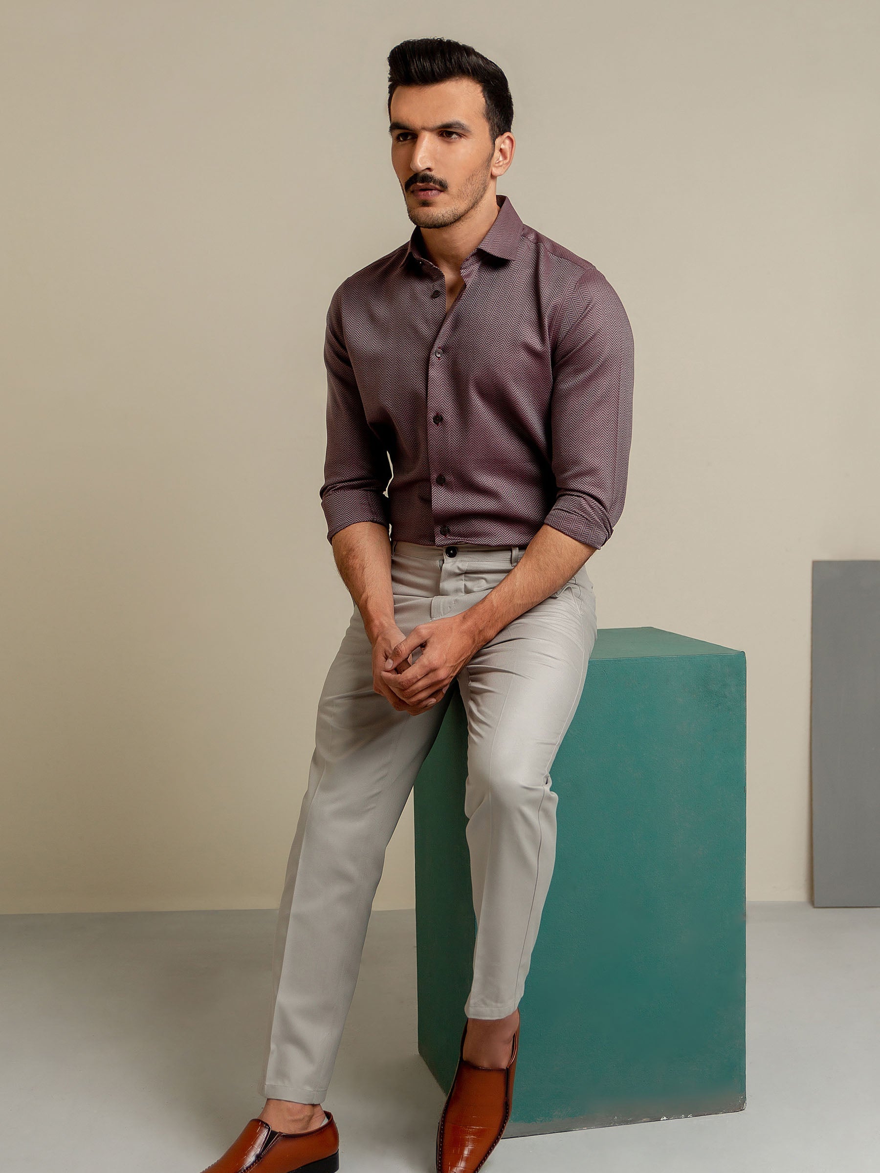 Maroon & Grey Herringbone Formal Shirt