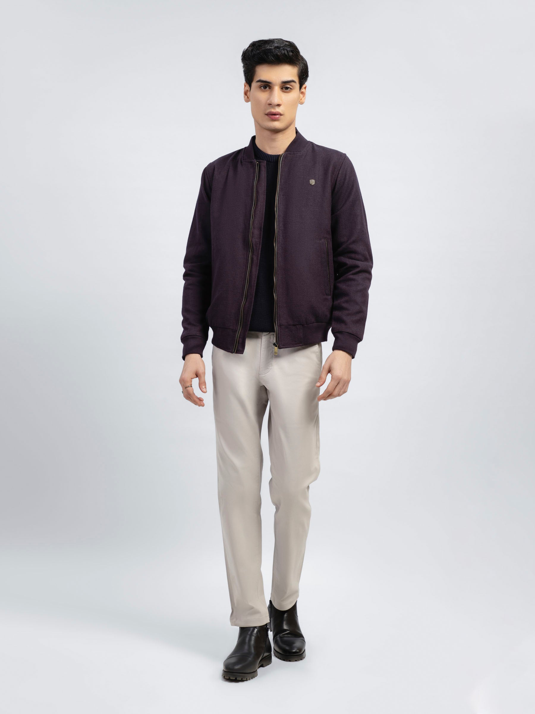 Maroon & Indigo Herringbone Structured Bomber Jacket