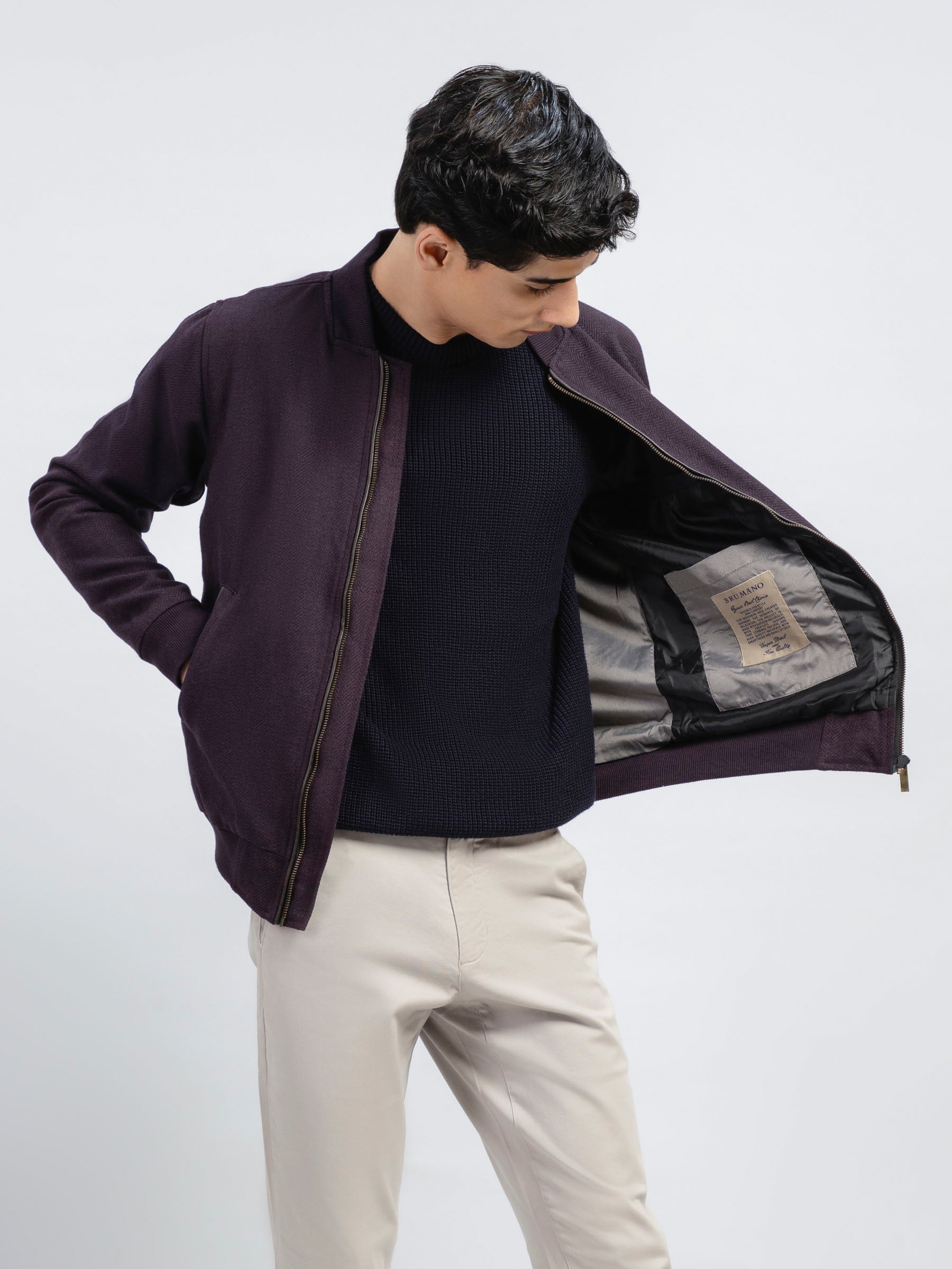 Maroon & Indigo Herringbone Structured Bomber Jacket