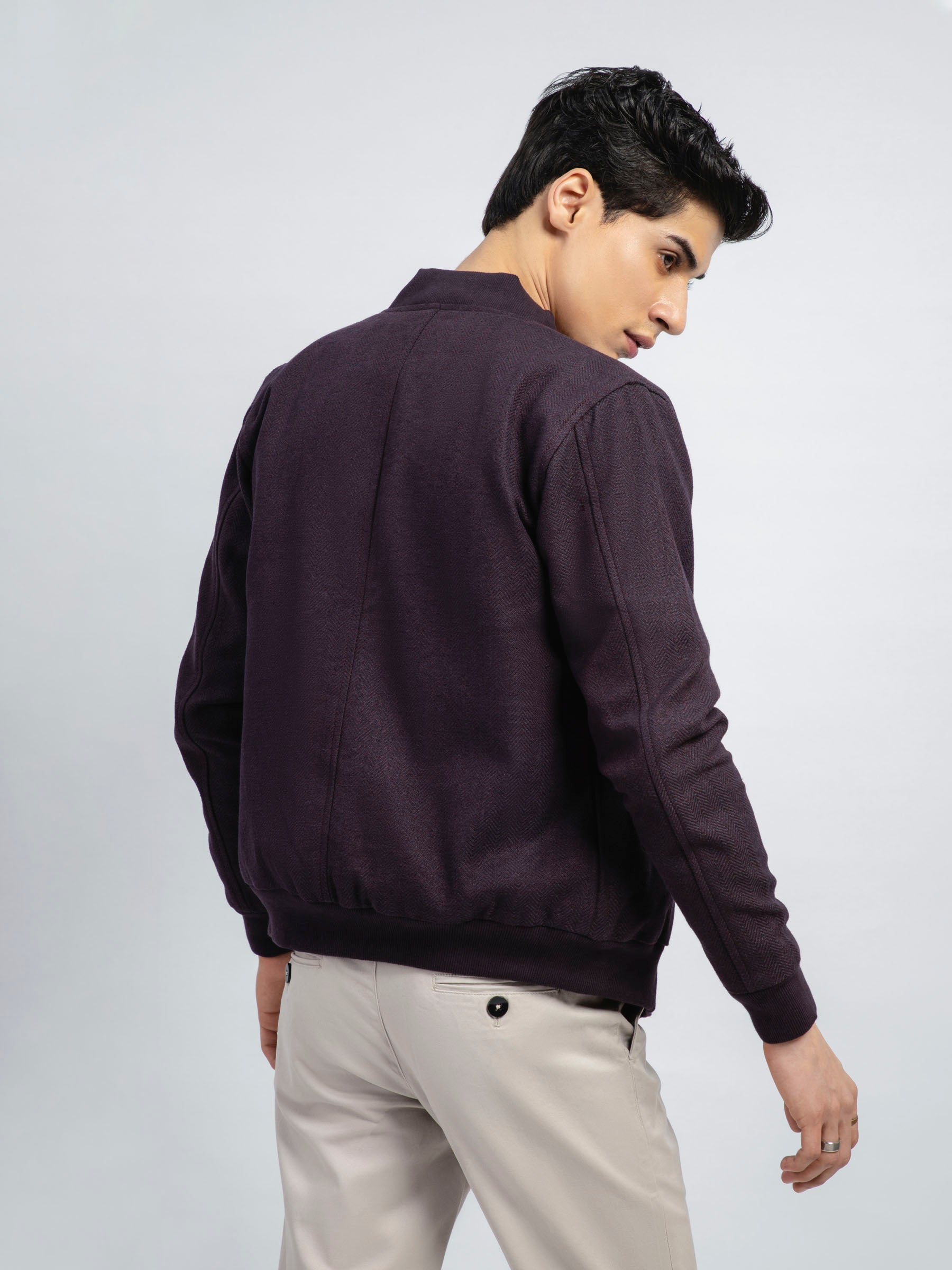 Maroon & Indigo Herringbone Structured Bomber Jacket
