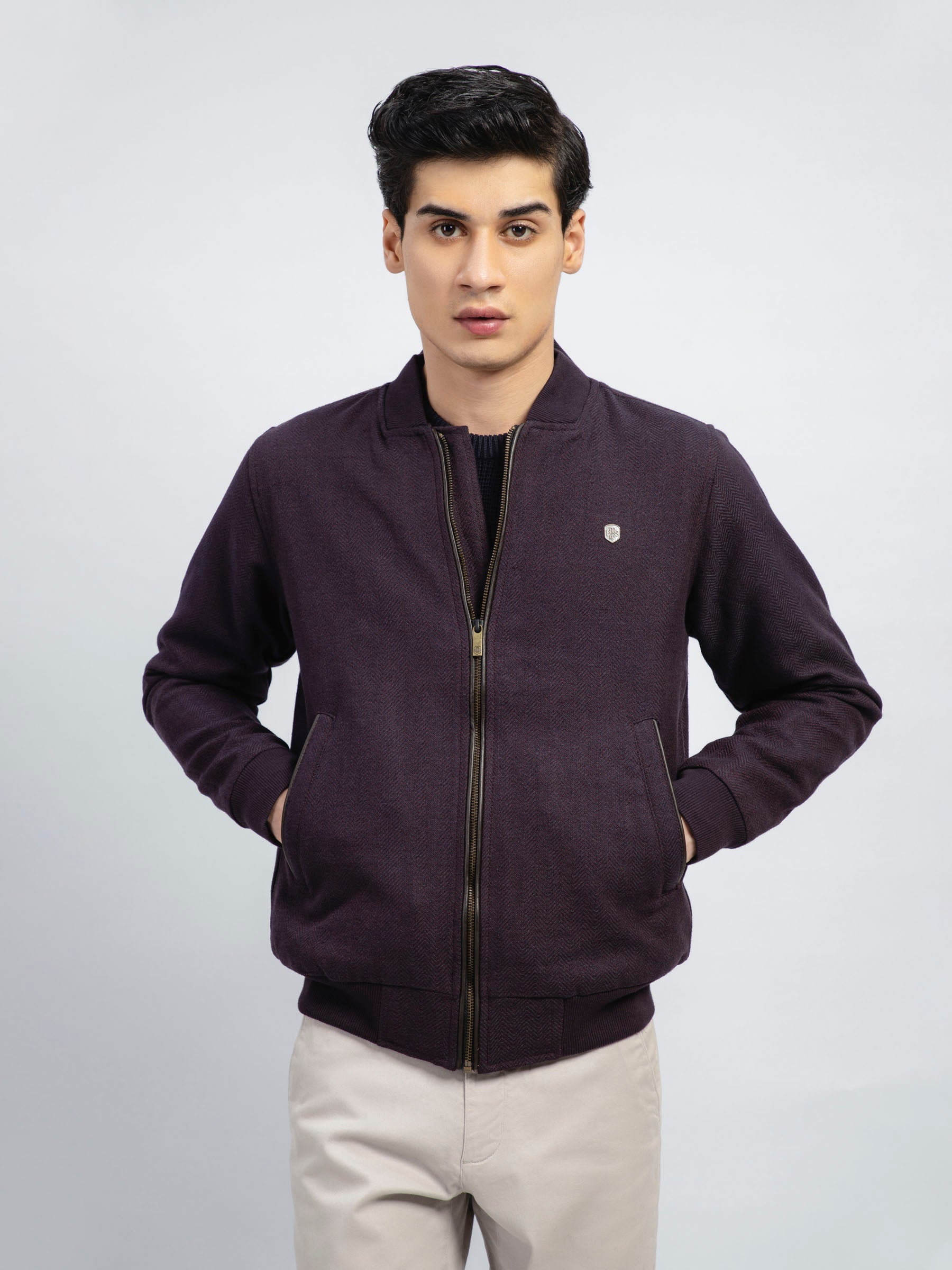 Maroon & Indigo Herringbone Structured Bomber Jacket