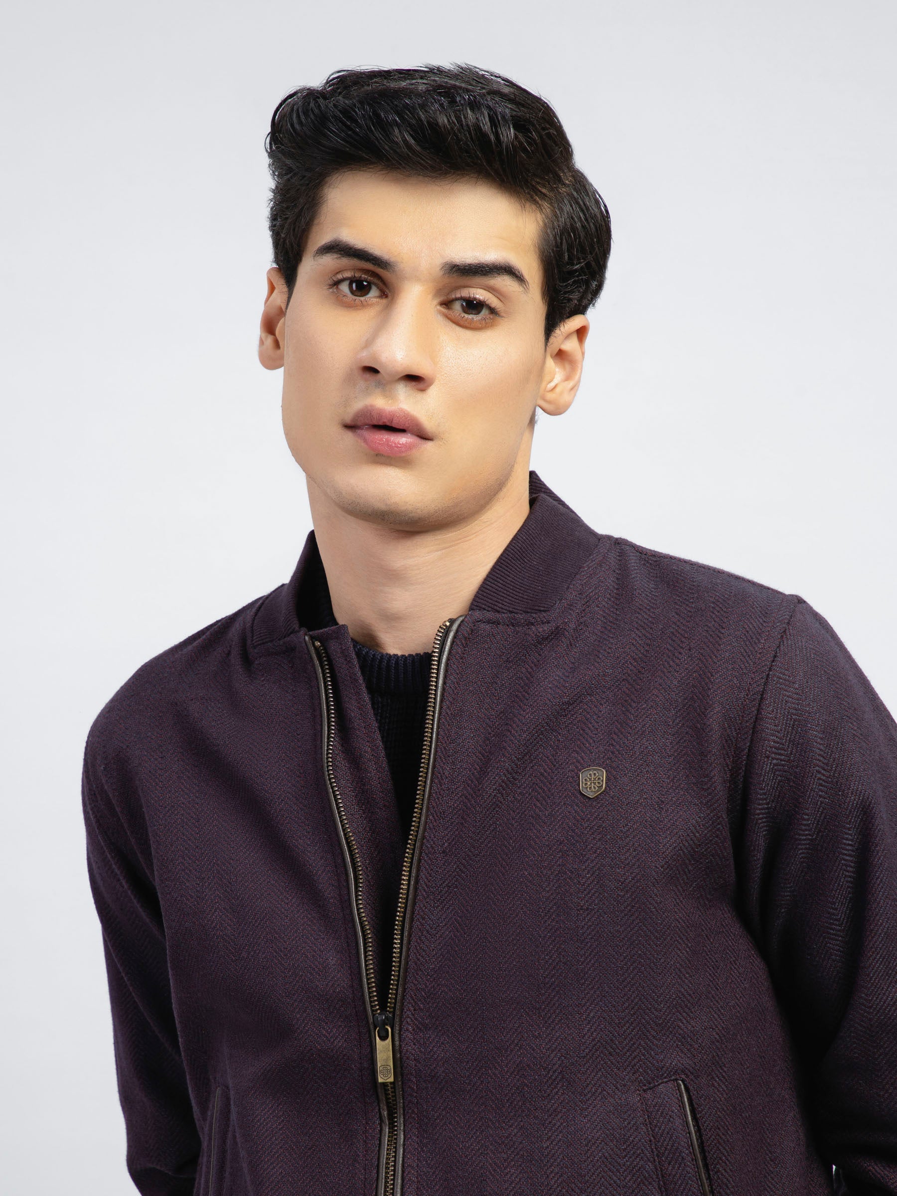 Maroon & Indigo Herringbone Structured Bomber Jacket
