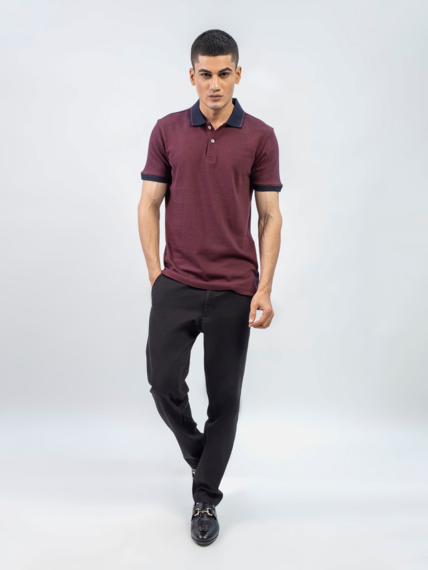 Maroon & Navy Jacquard Slim Fit Polo Shirt