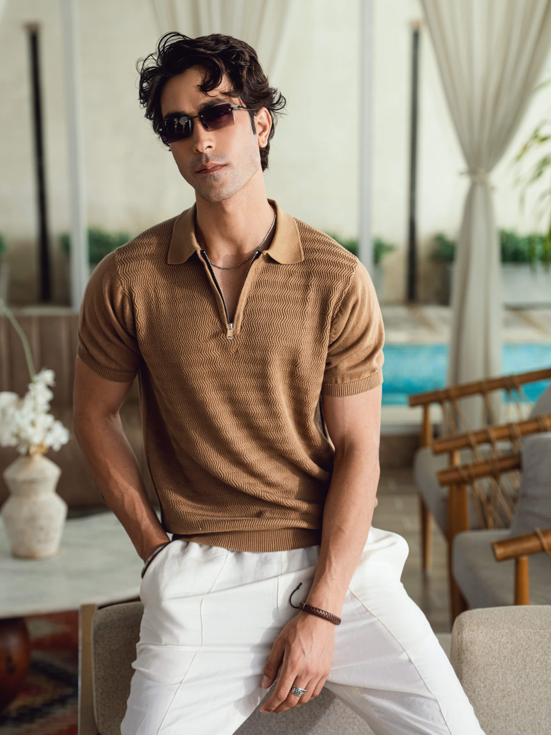 Mid Brown Textured Flat Knit Zipper Polo