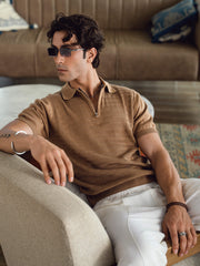 Mid Brown Textured Flat Knit Zipper Polo