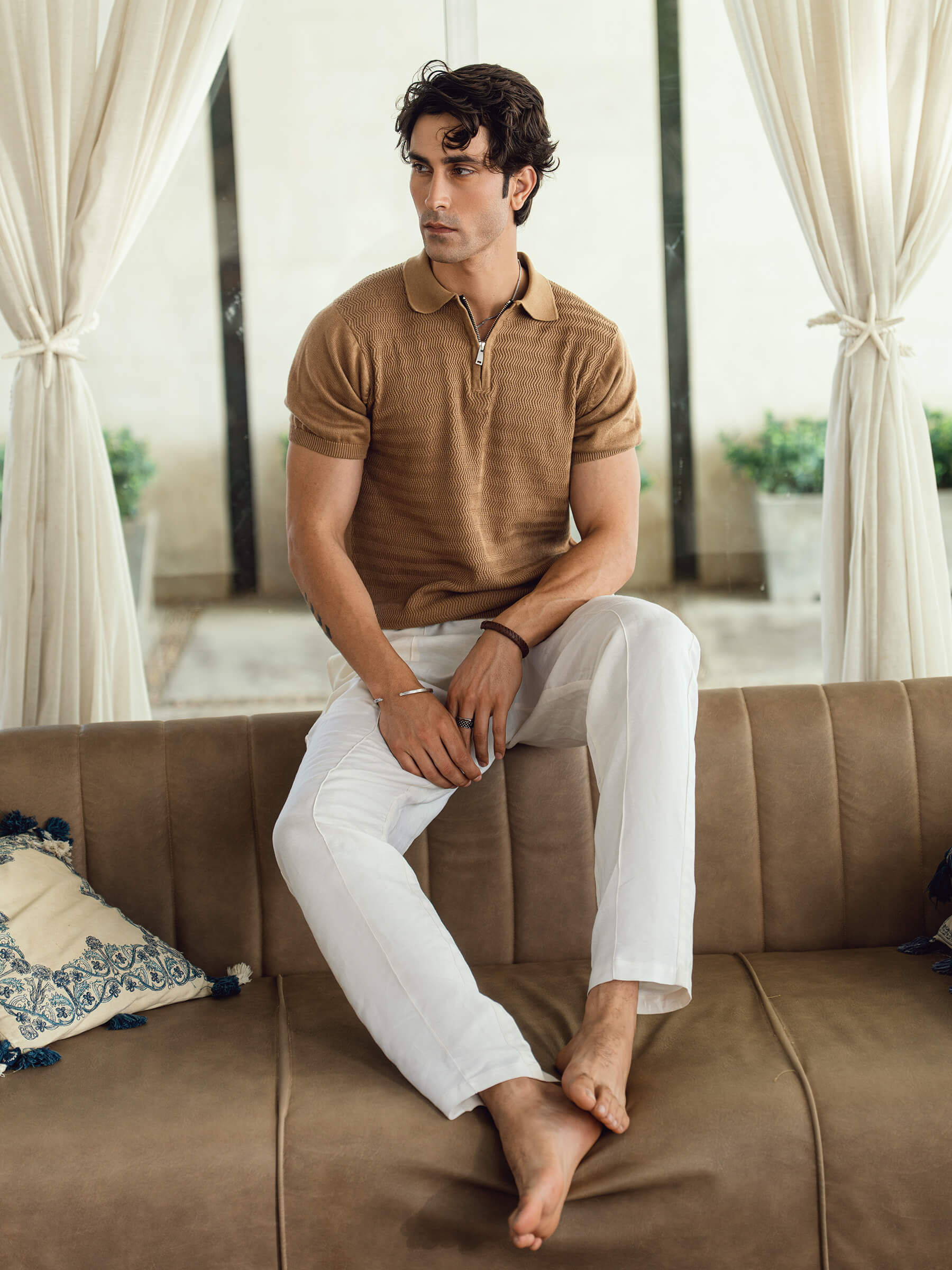 Mid Brown Textured Flat Knit Zipper Polo