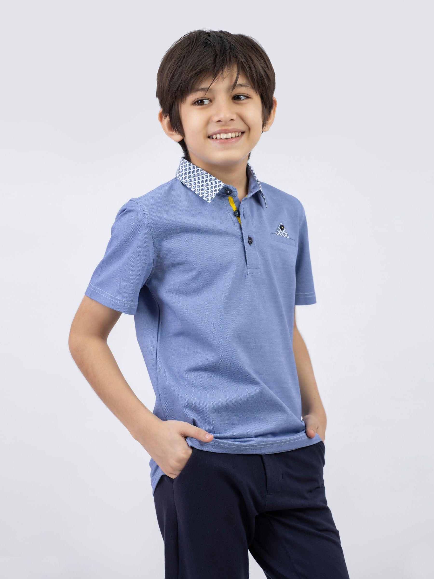 Mid Blue Casual Polo With Printed Collar