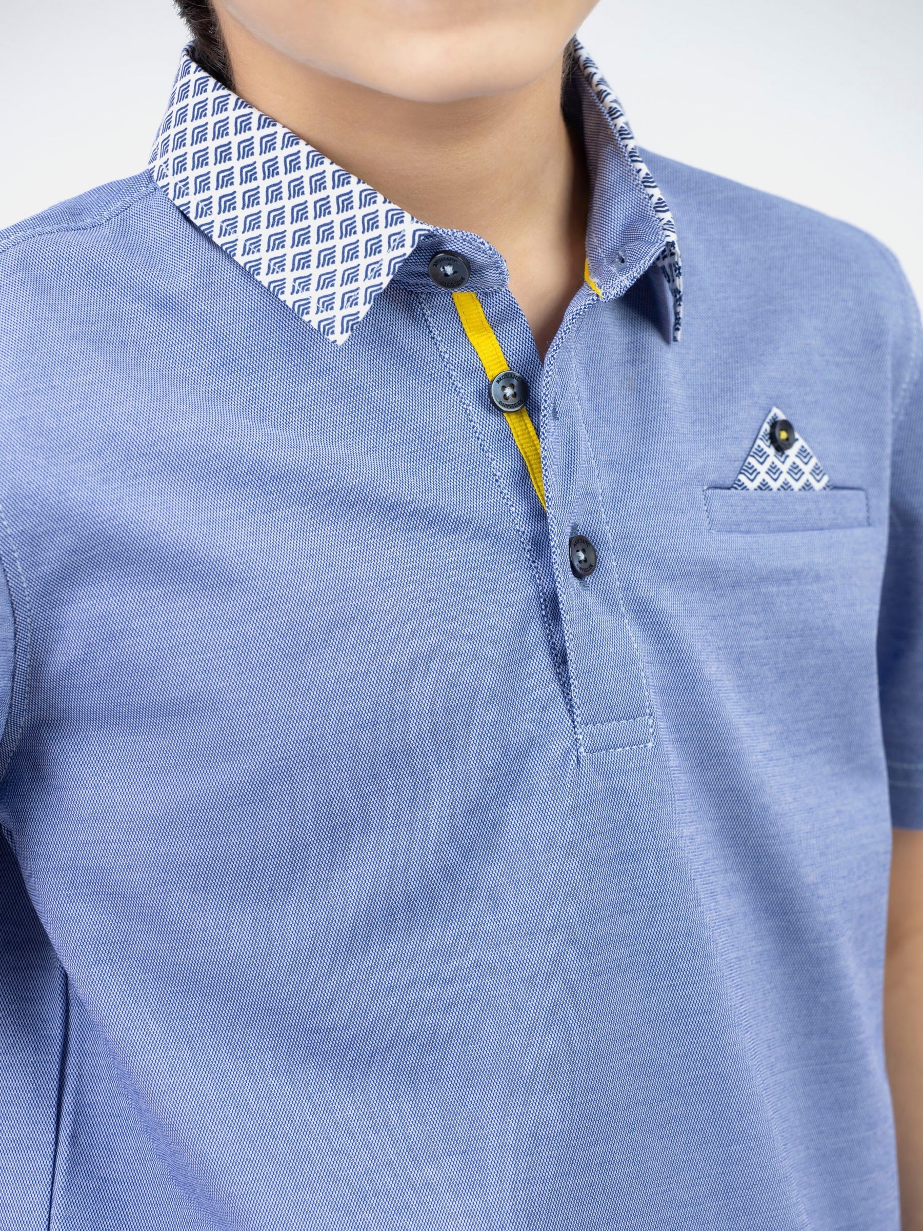 Mid Blue Casual Polo With Printed Collar