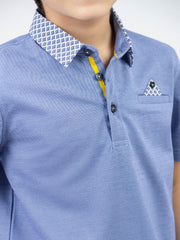 Mid Blue Casual Polo With Printed Collar