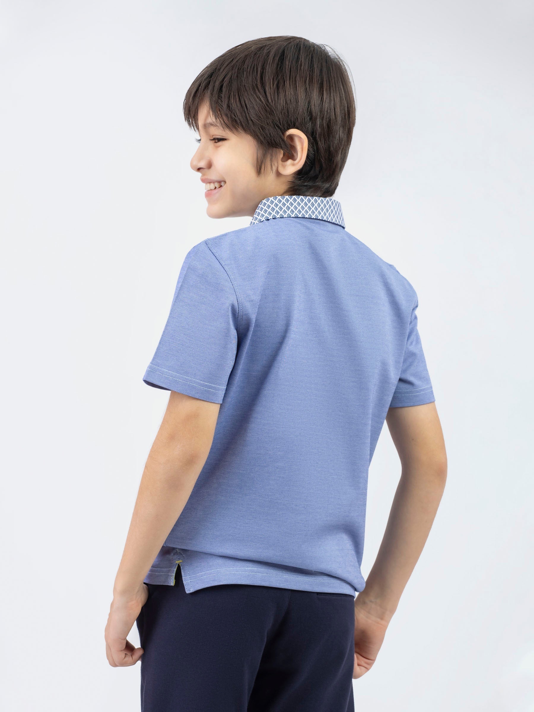 Mid Blue Casual Polo With Printed Collar