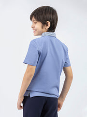 Mid Blue Casual Polo With Printed Collar
