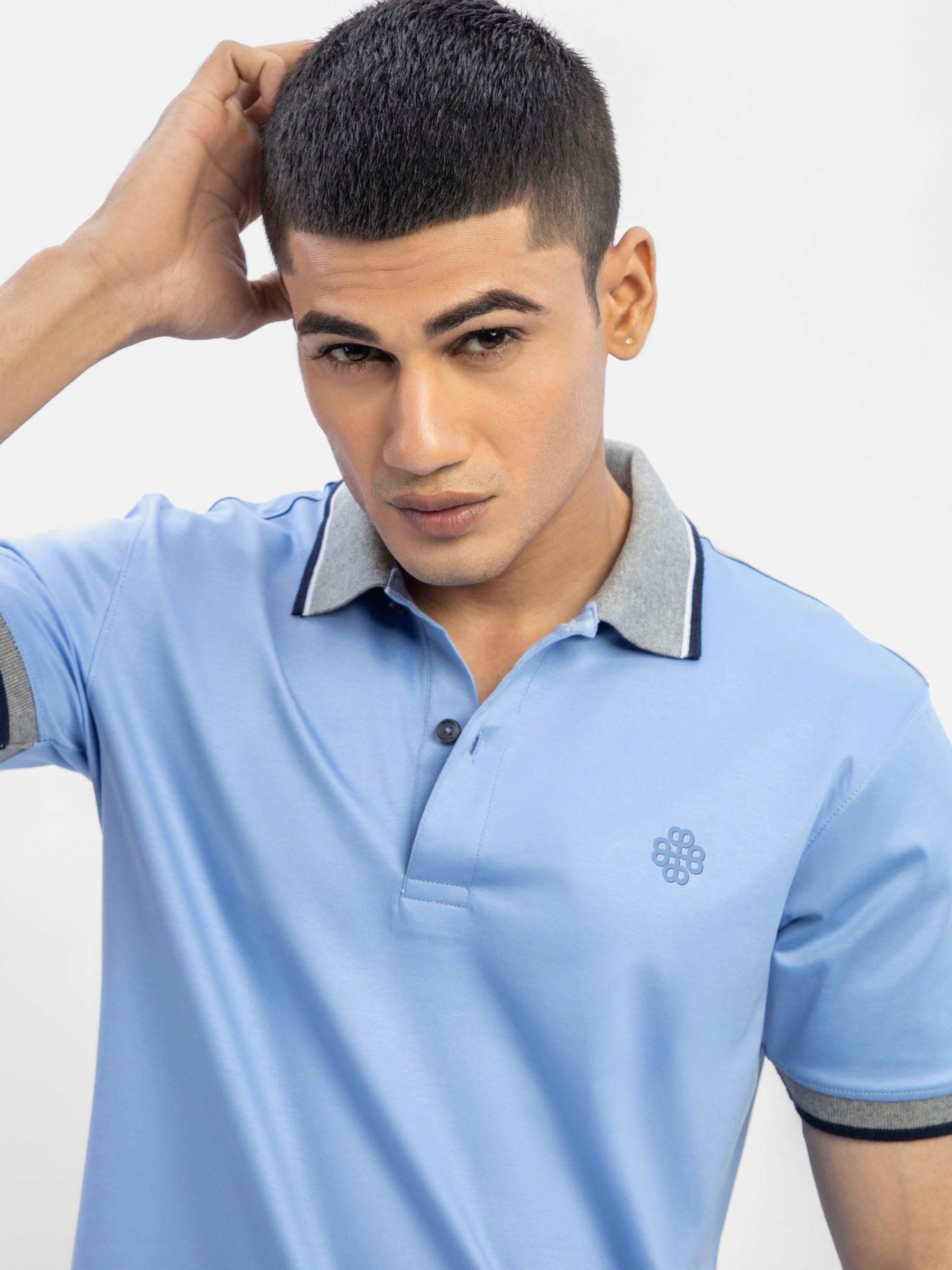 Mid Blue Interlock Polo With Contrasting Grey Collar