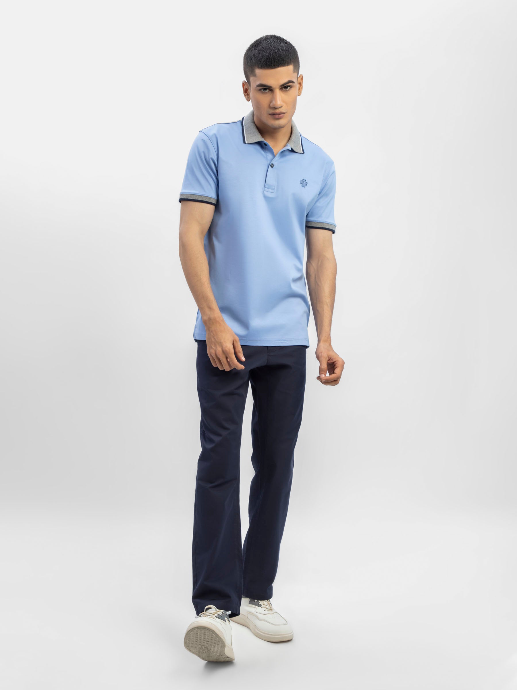 Mid Blue Interlock Polo With Contrasting Grey Collar