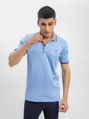 Mid Blue Interlock Polo With Contrasting Grey Collar