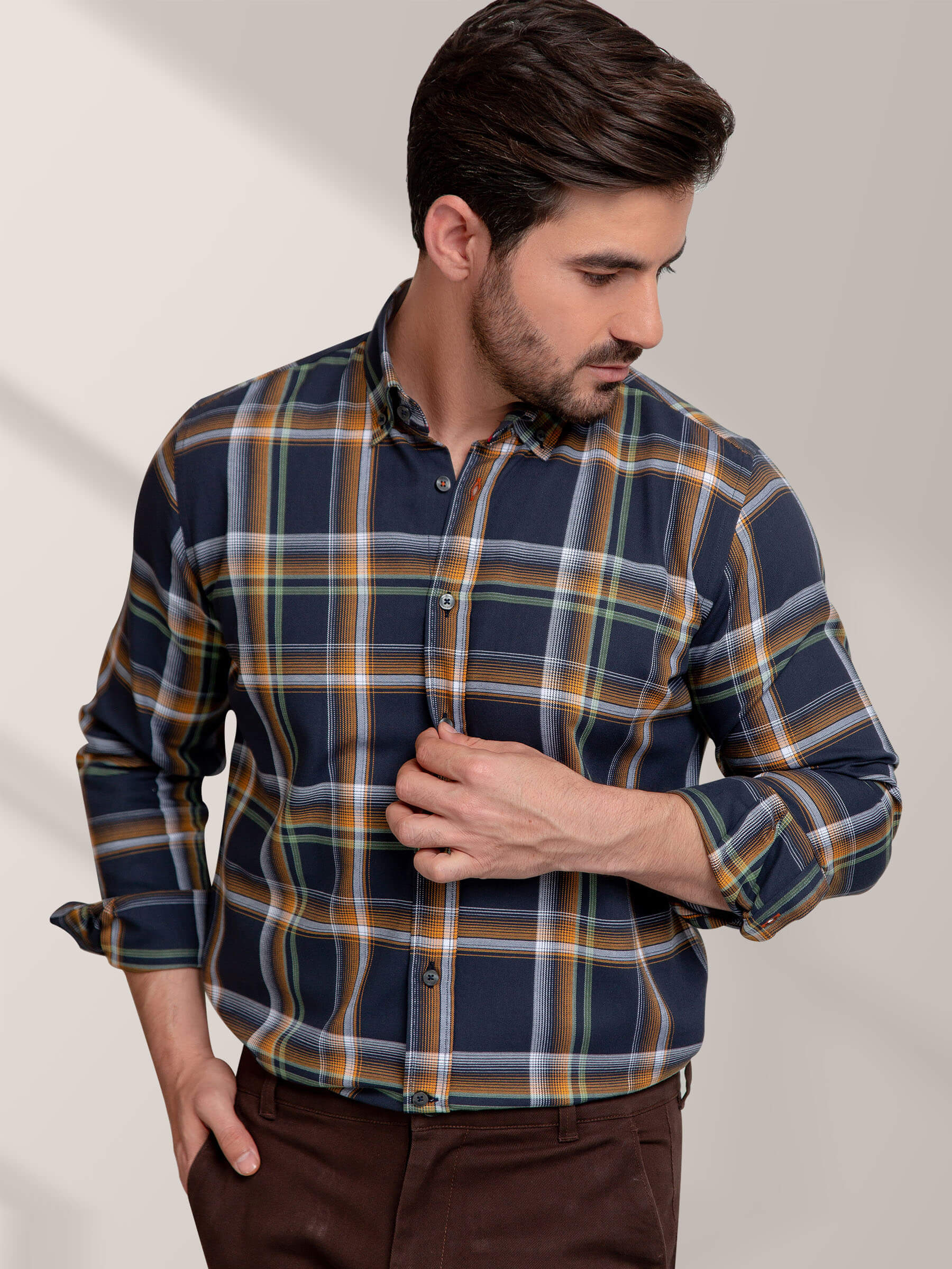 Mustard & Navy Blue Checkered Shirt