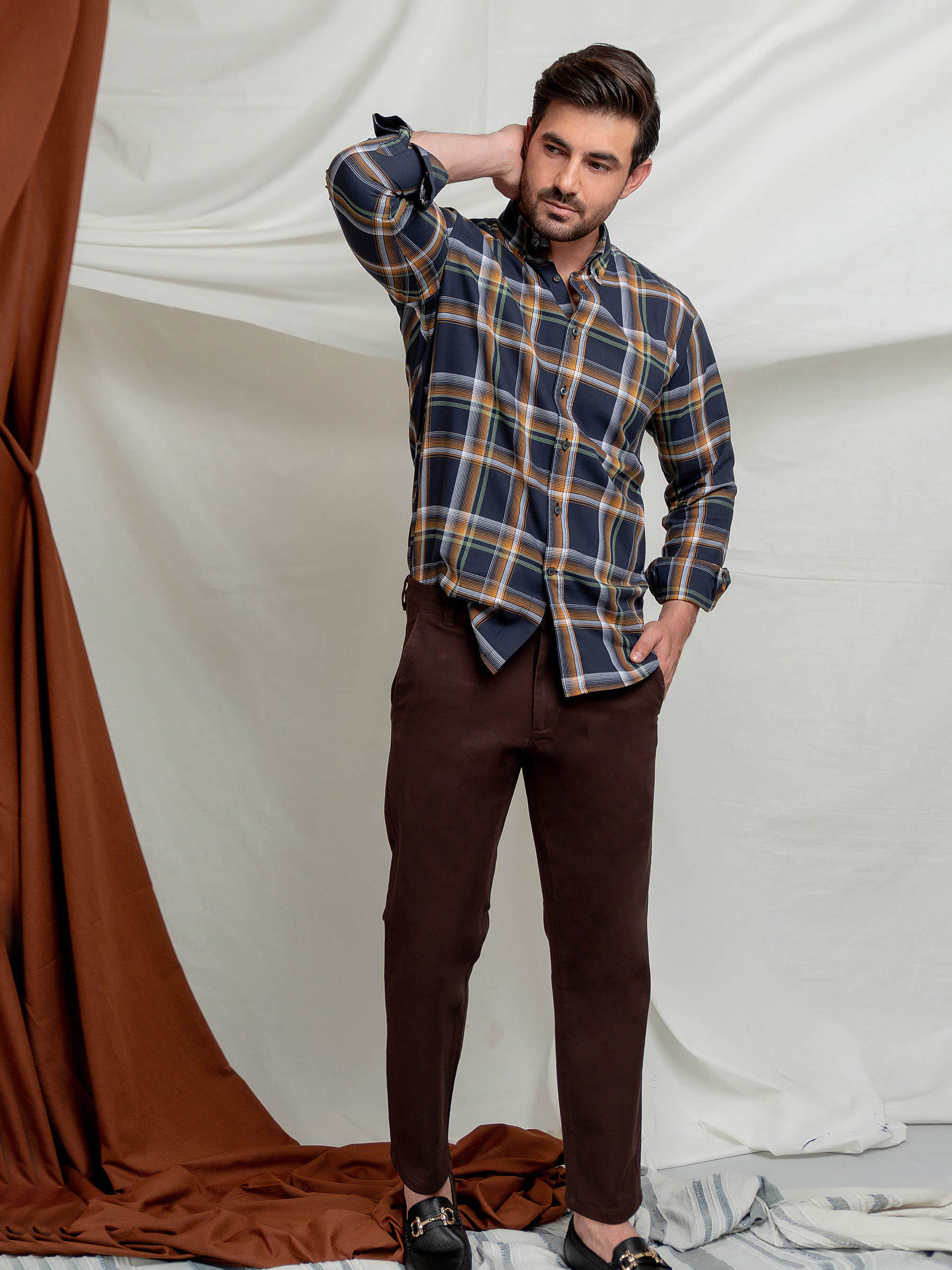 Mustard & Navy Blue Checkered Shirt